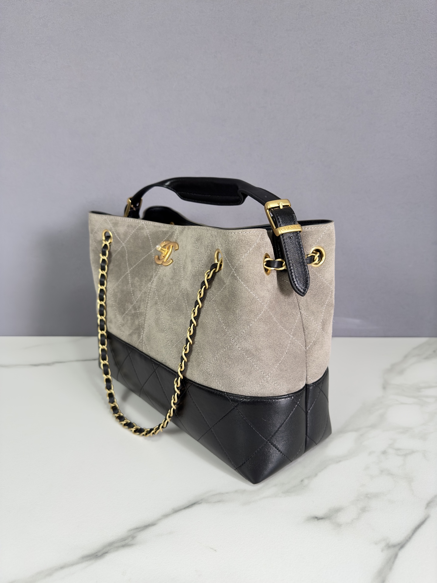 Chanel Small Coco Hobo Bag gray Suede and Black Shiny