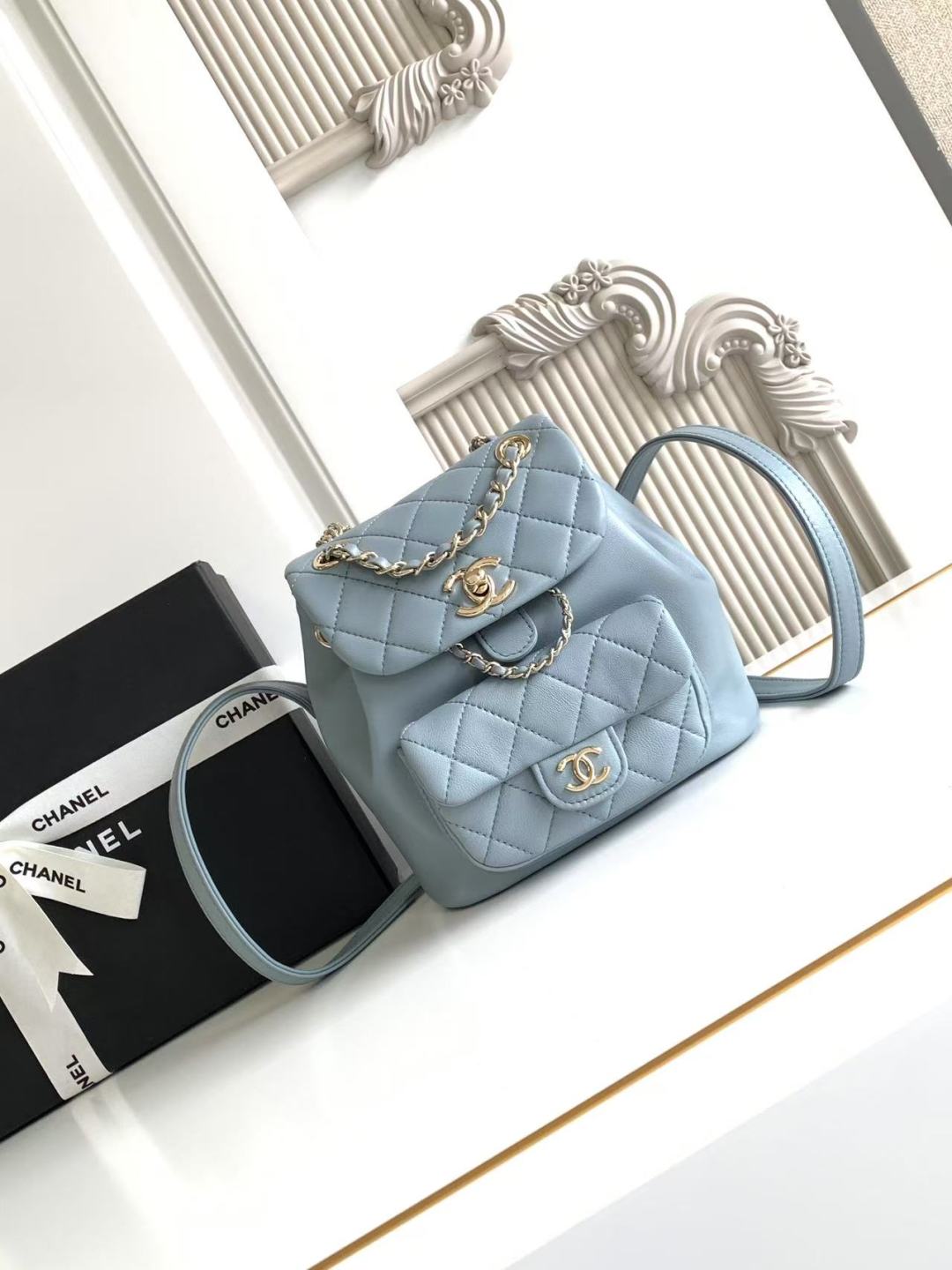 Chanel Small Duma Backpack Light Blue Lambskin Light Gold