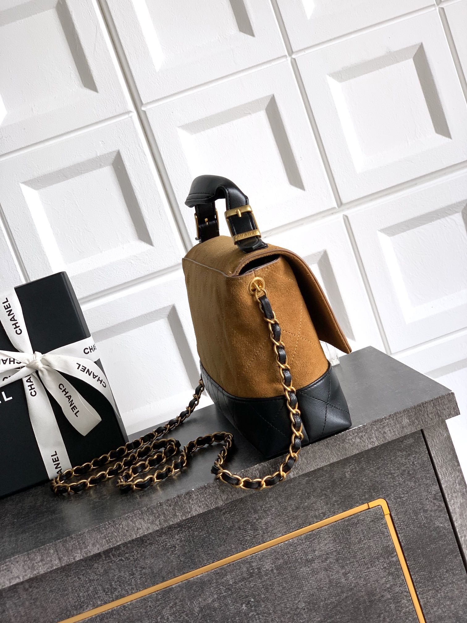 Chanel Small shopping bag, Suede calf skin, shiny lambskin &  Gold-Tone Metal  Beige & Black