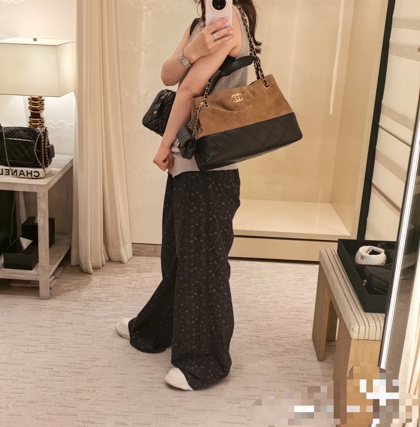 Chanel Small shopping bag, Suede calfskin, shiny lambskin & gold