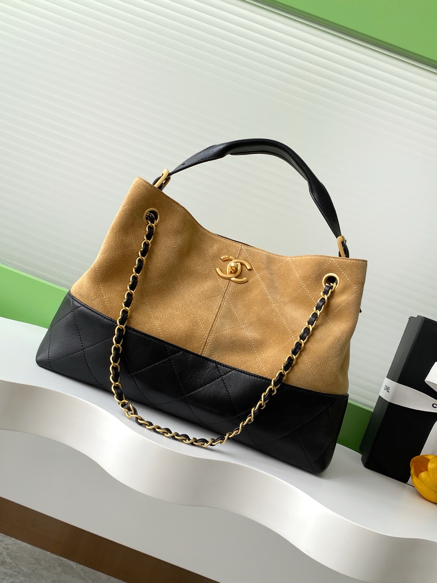black Chanel Beige Suede Hobo Bag