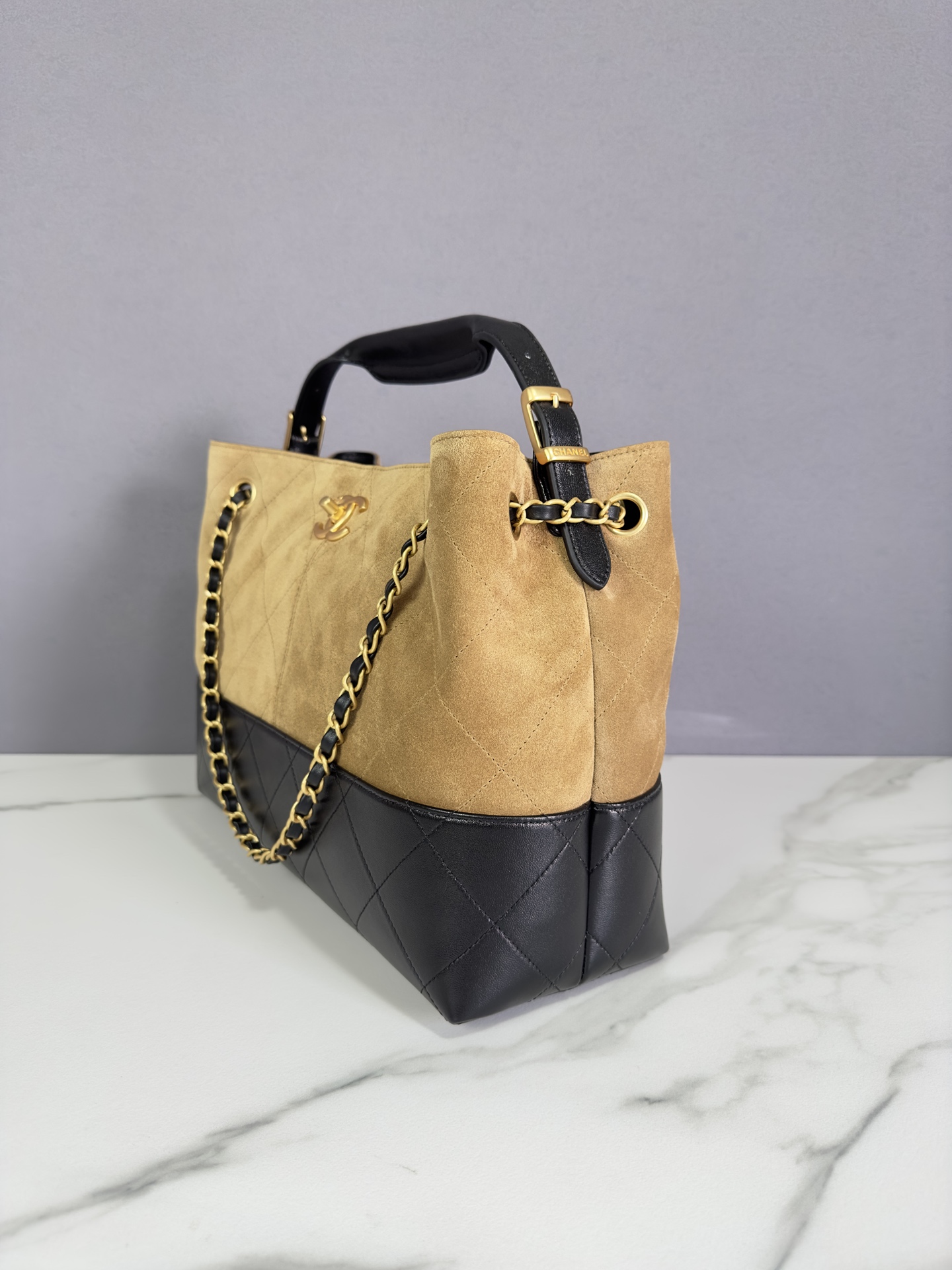 Chanel Small shopping bag, Suede calfskin, shiny lambskin & gold-tone metal, beige & black