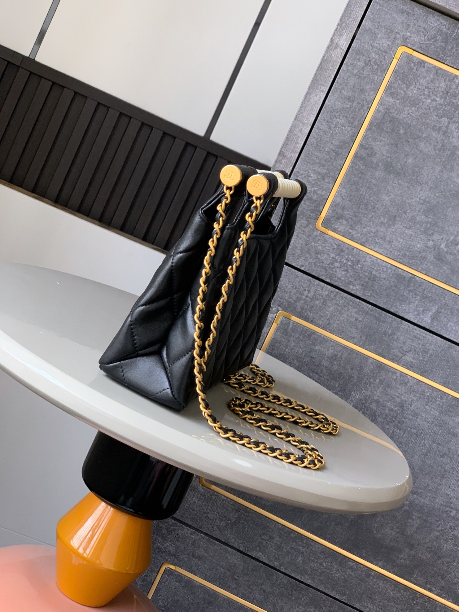 Chanel Small tote, Shiny lambskin, imitation pearls & gold-tone