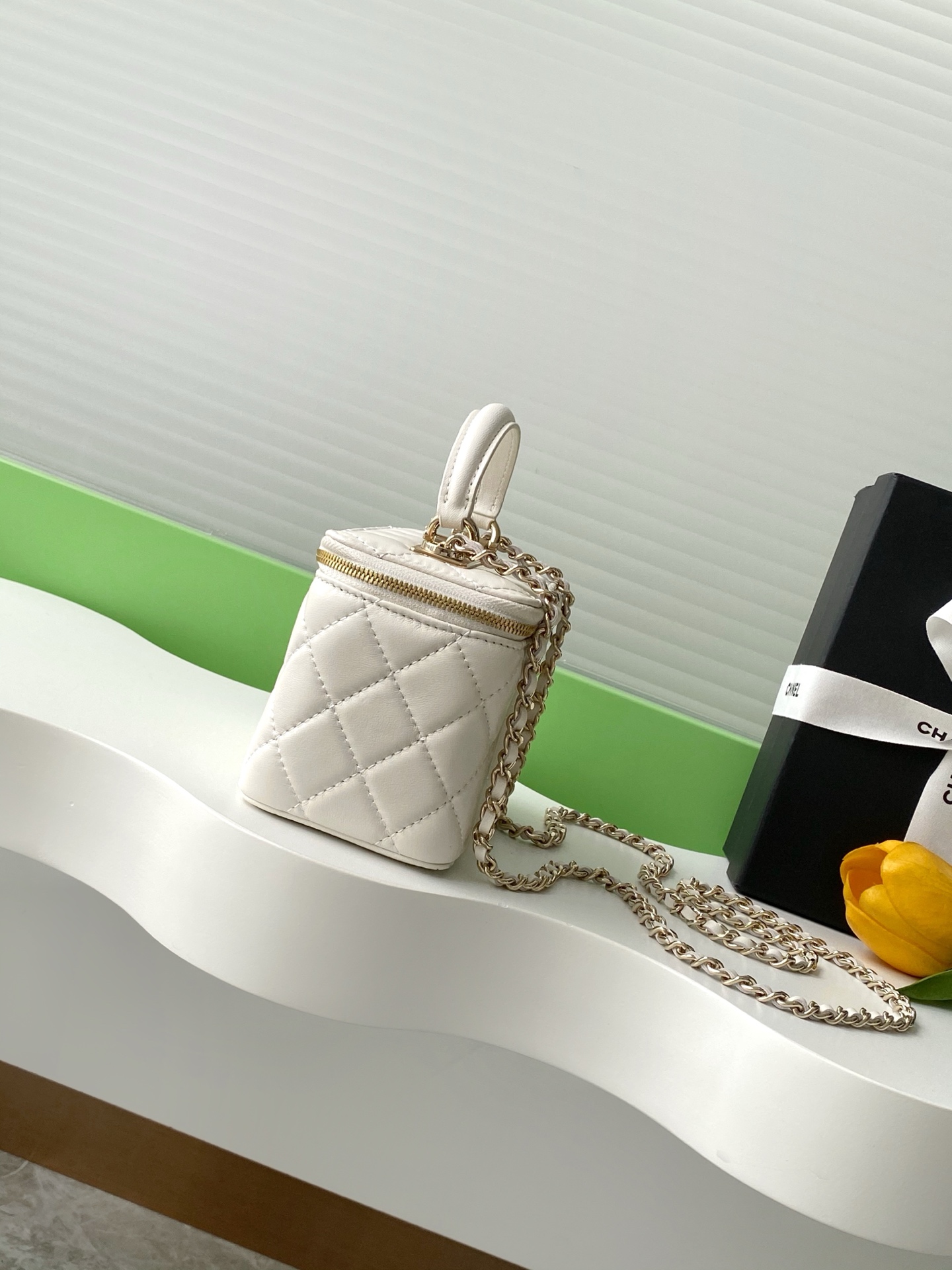 Chanel Small Vanity Case White Lambskin Leather Antique Gold