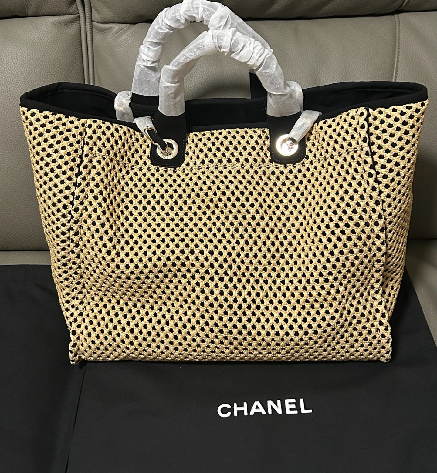 Chanel  Straw Raffia Calfskin Chain Deauville Tote Beige Black