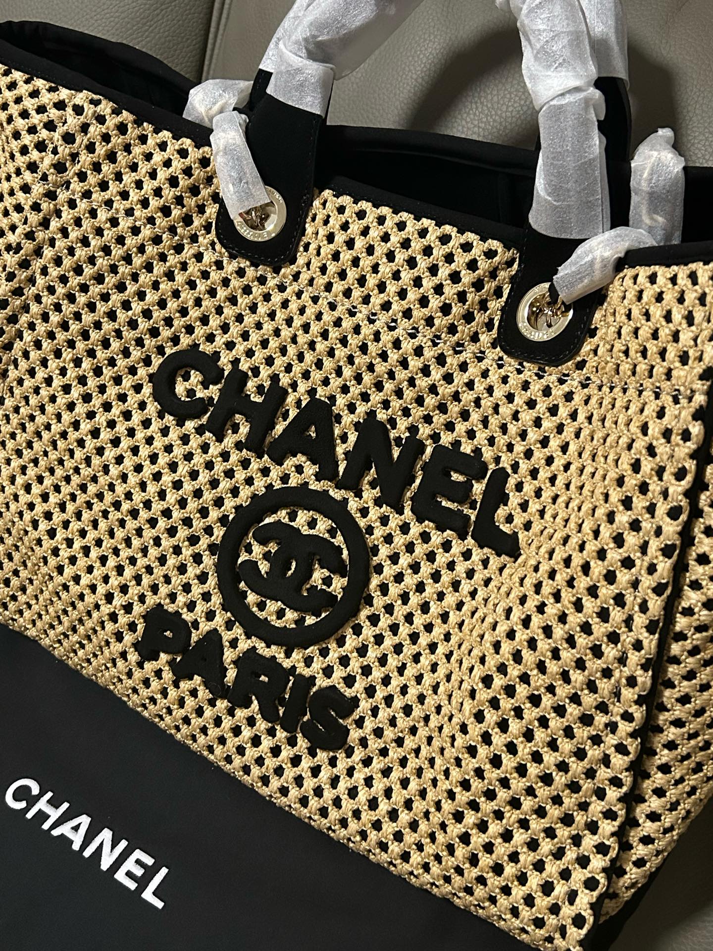 Chanel  Straw Raffia Calfskin Chain Deauville Tote Beige Black