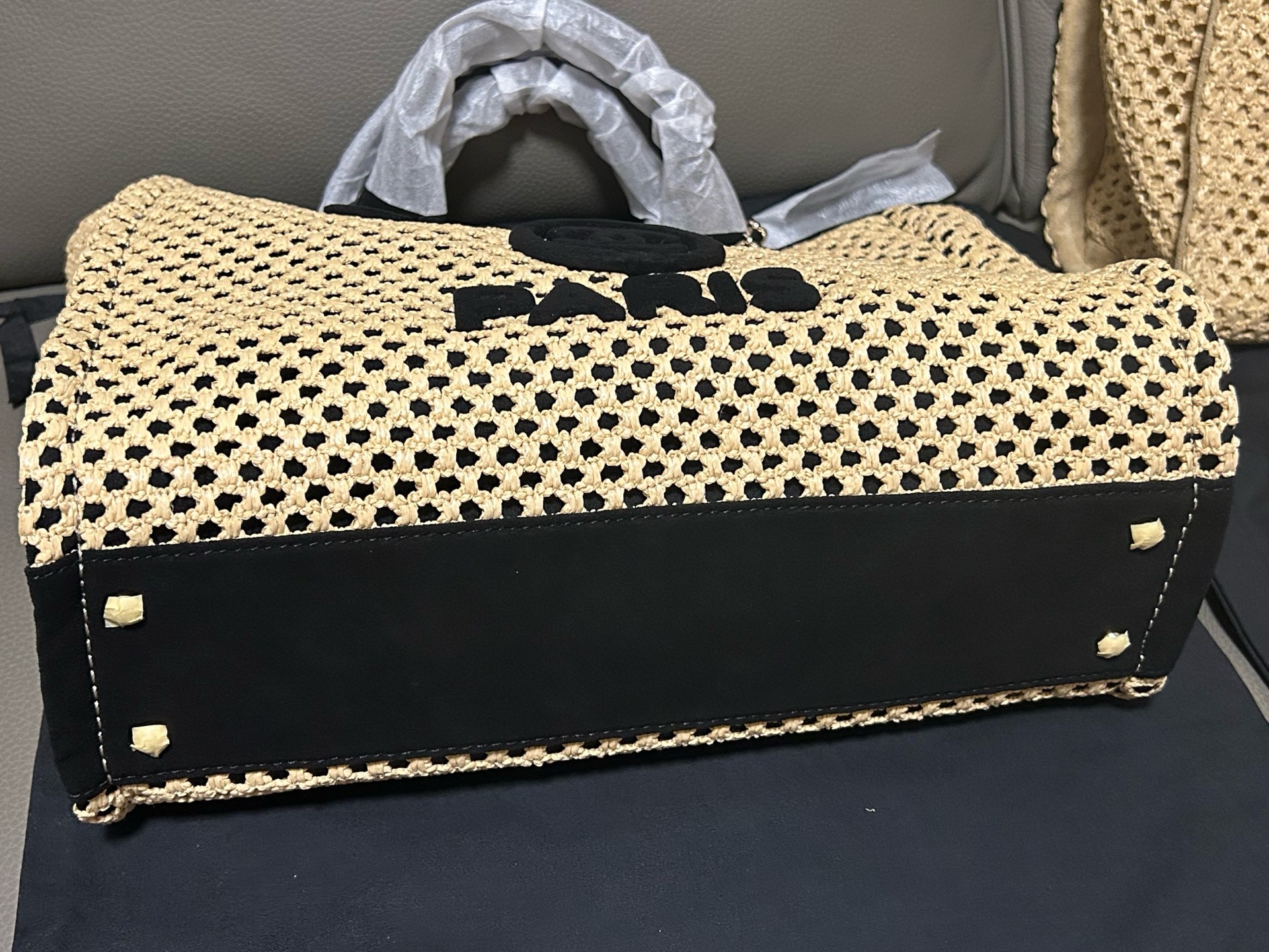 Chanel  Straw Raffia Calfskin Chain Deauville Tote Beige Black