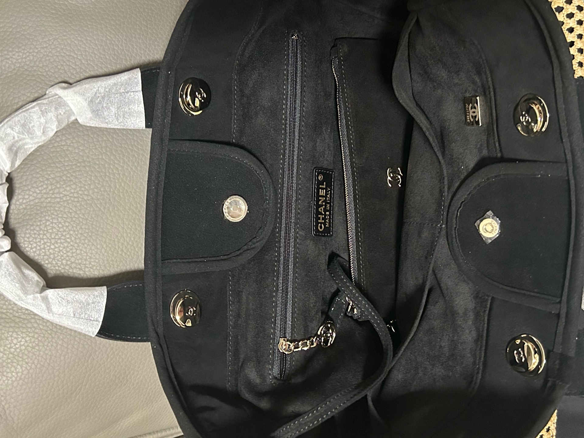 Chanel  Straw Raffia Calfskin Chain Deauville Tote Beige Black