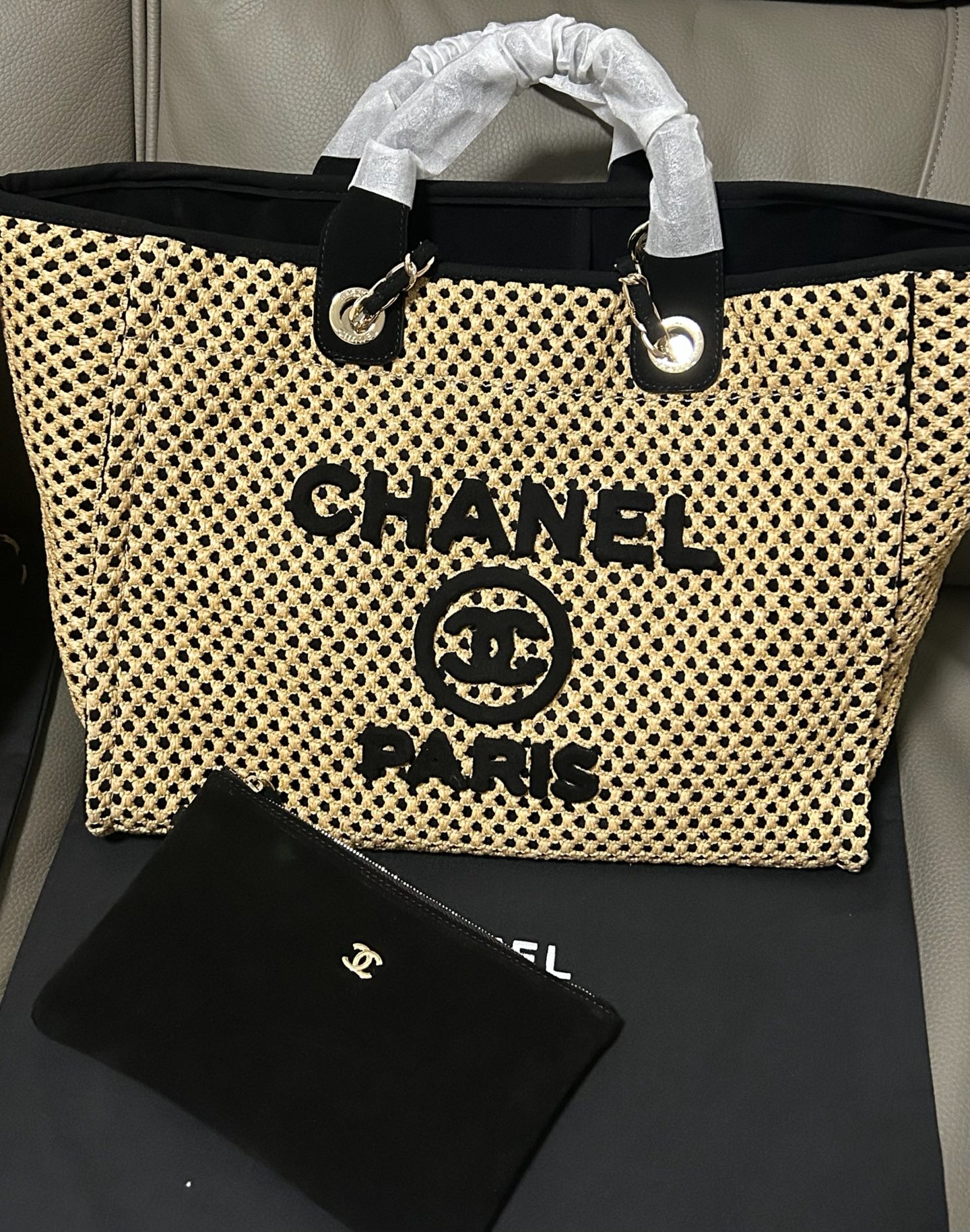 Chanel  Straw Raffia Calfskin Chain Deauville Tote Beige Black