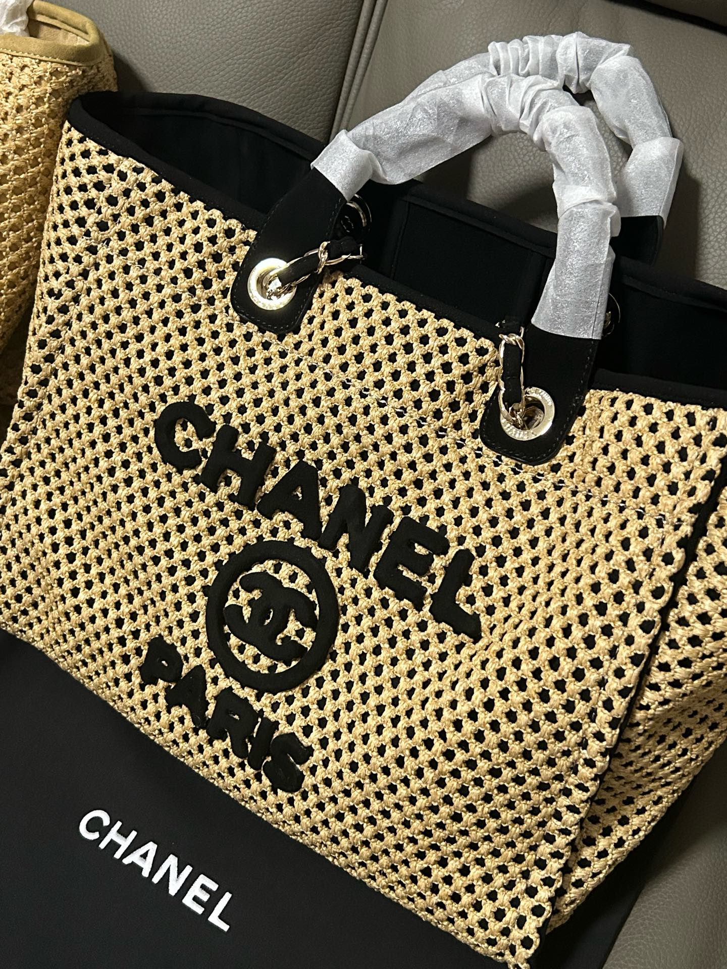 Chanel  Straw Raffia Calfskin Chain Deauville Tote Beige Black