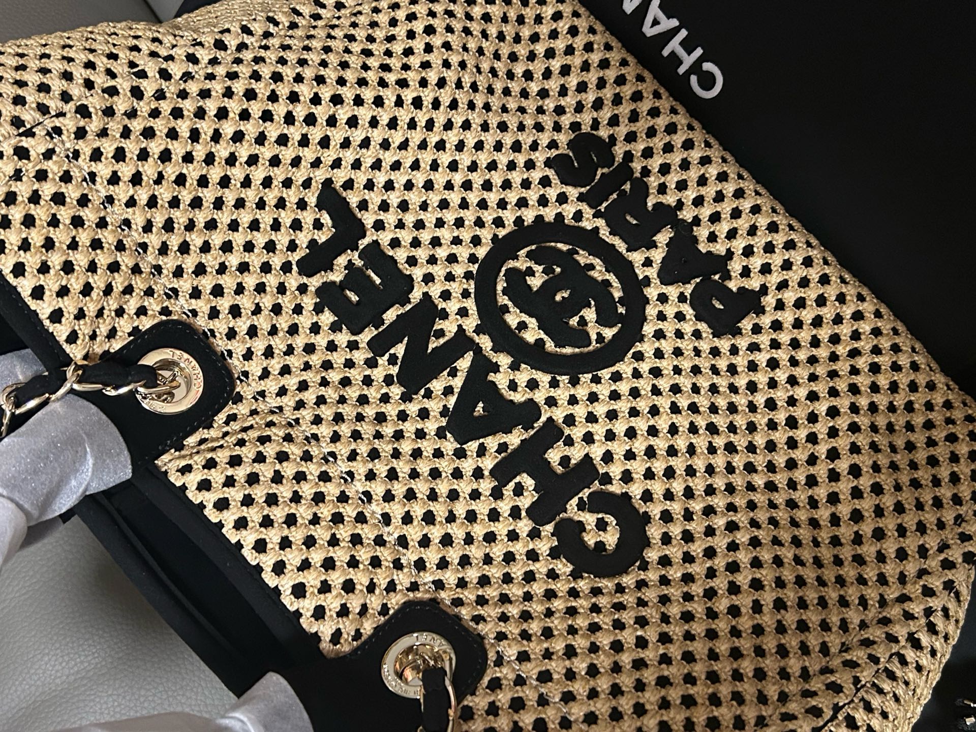 Chanel  Straw Raffia Calfskin Chain Deauville Tote Beige Black