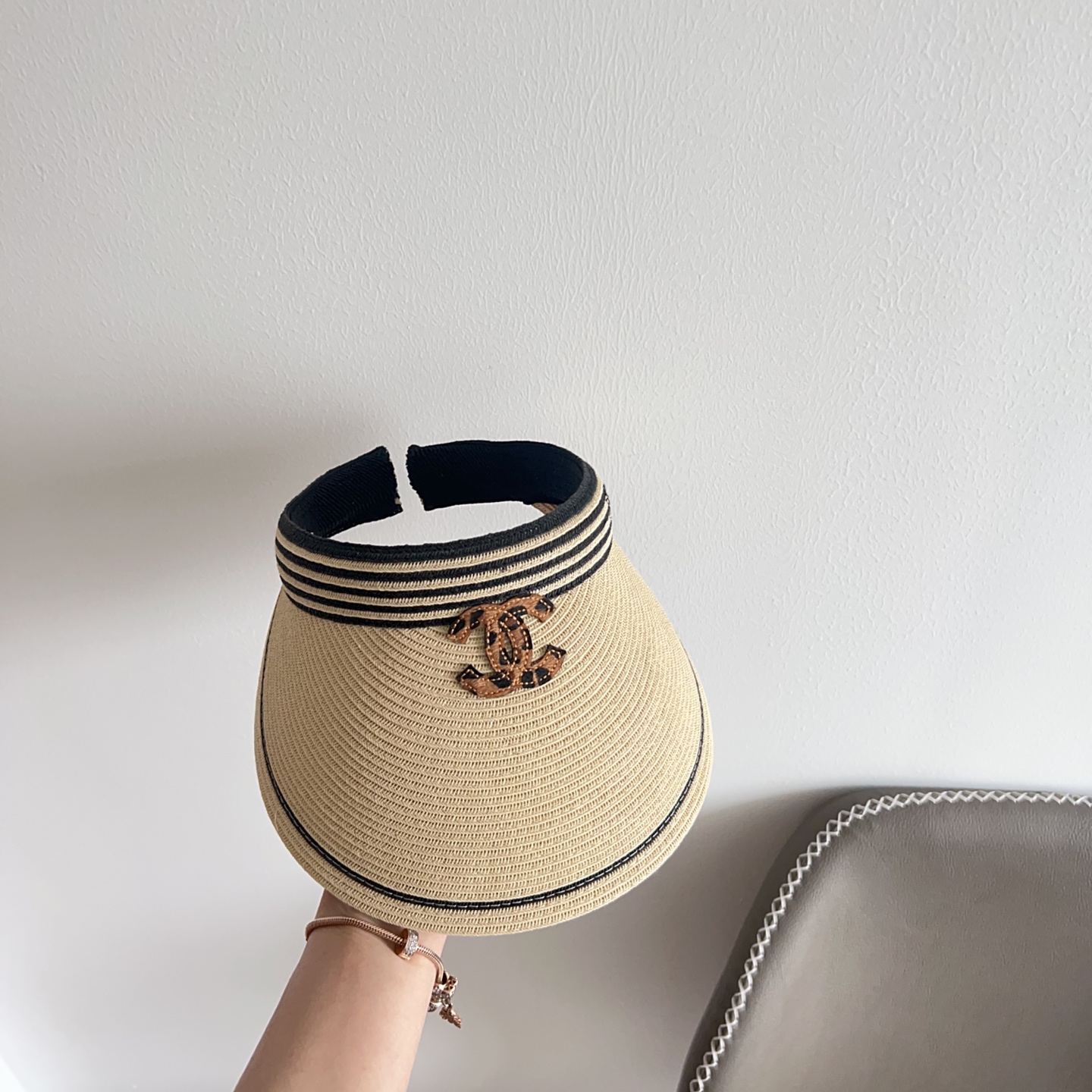 Chanel Beige Straw Visor Hat - Brown Logo