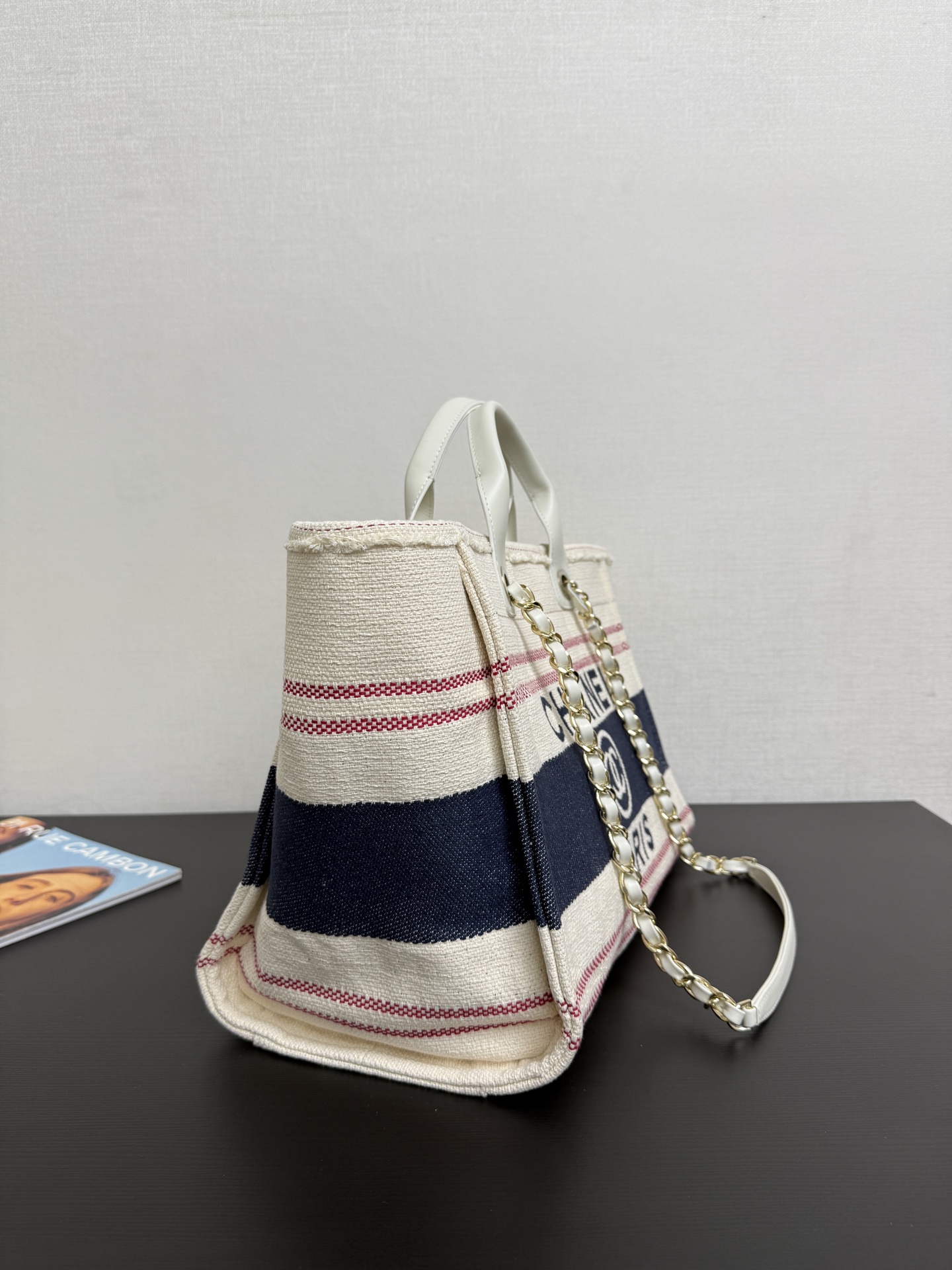 CHANEL Striped Canvas Small Deauville Tote Ecru Red Blue