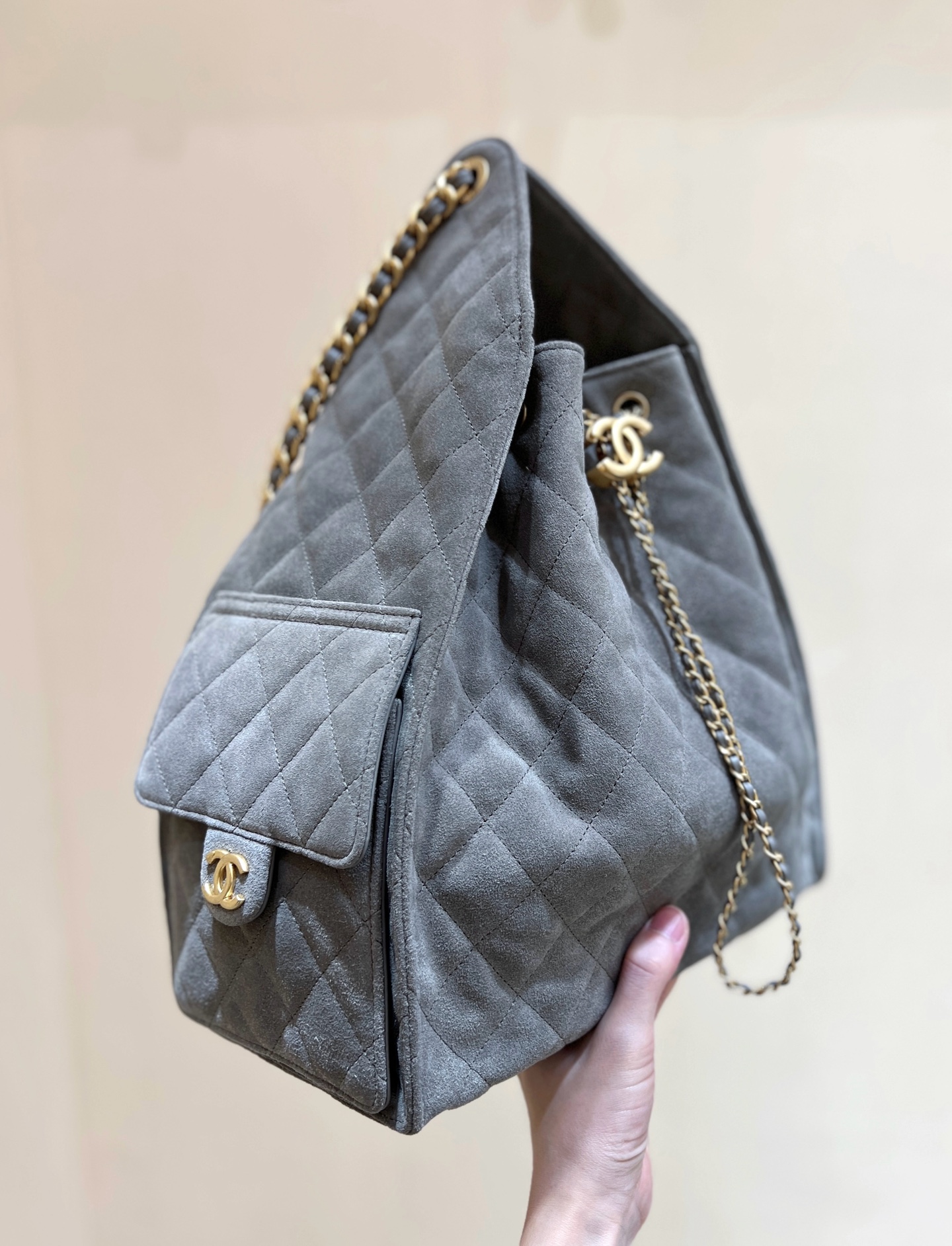 CHANEL Suede Quilted Medium Chanel 25 Handbag Grey