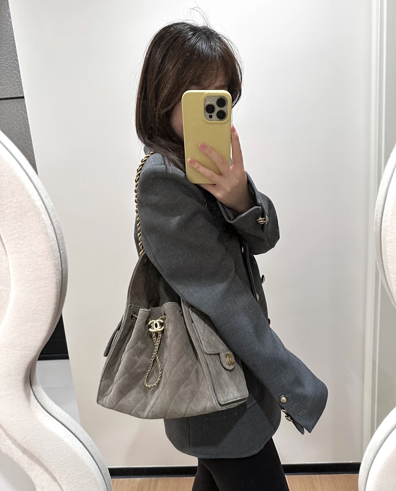 CHANEL Suede Quilted Medium Chanel 25 Handbag Grey