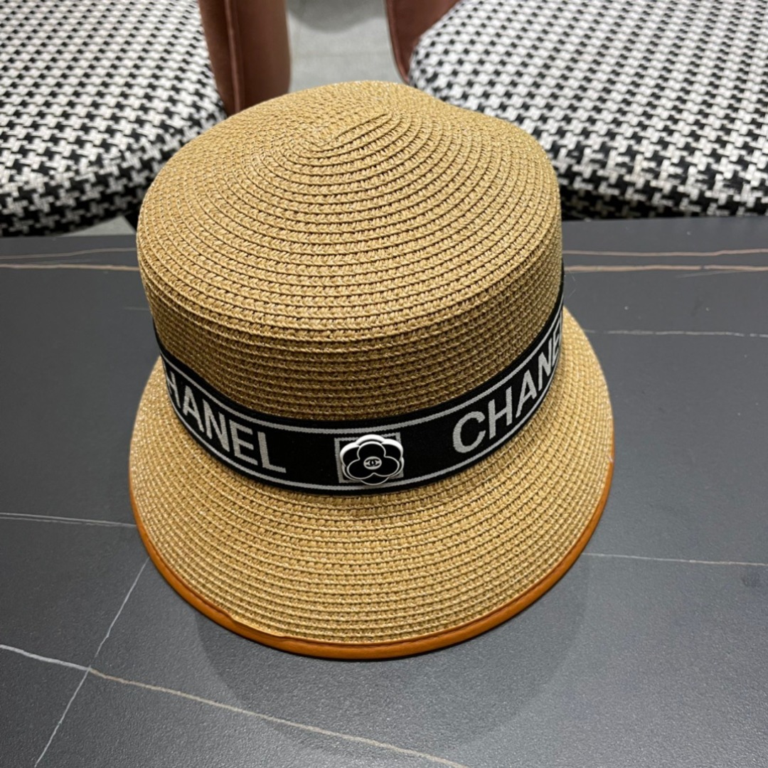 Chanel Straw Bucket Hat - Black Logo Ribbon