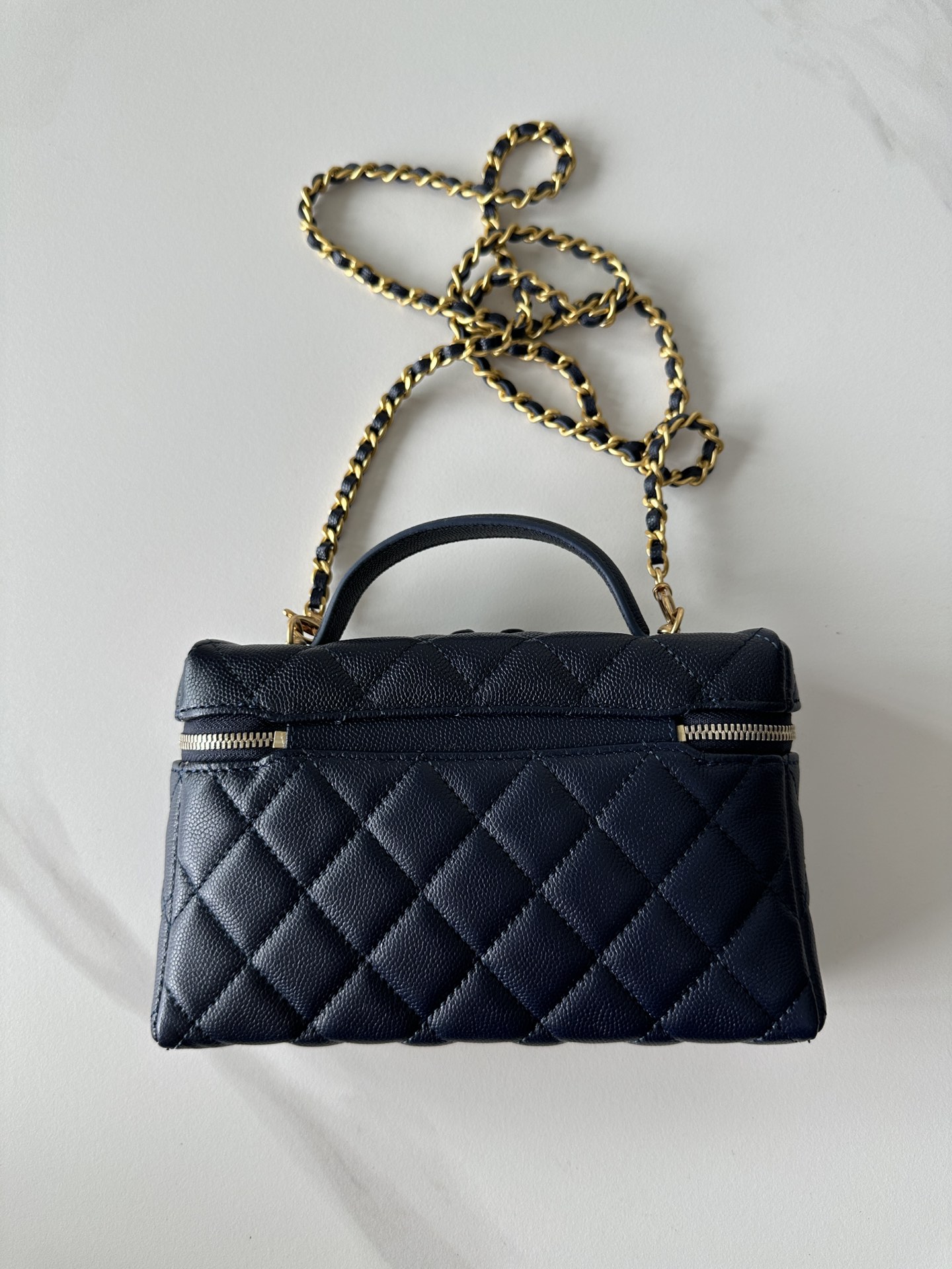 Chanel Top Handle Long Vanity Case With Chain Black Shiny