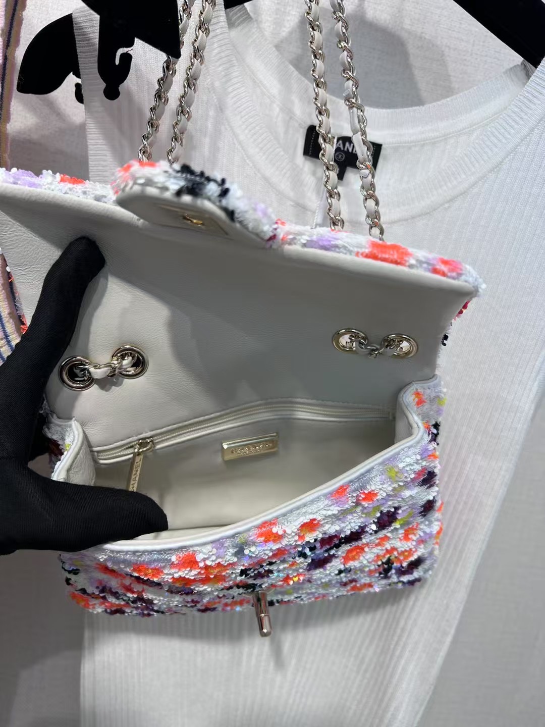 CHANEL Tweed Quilted Mini Rectangular Flap Light Pink Silver Blue 1415995