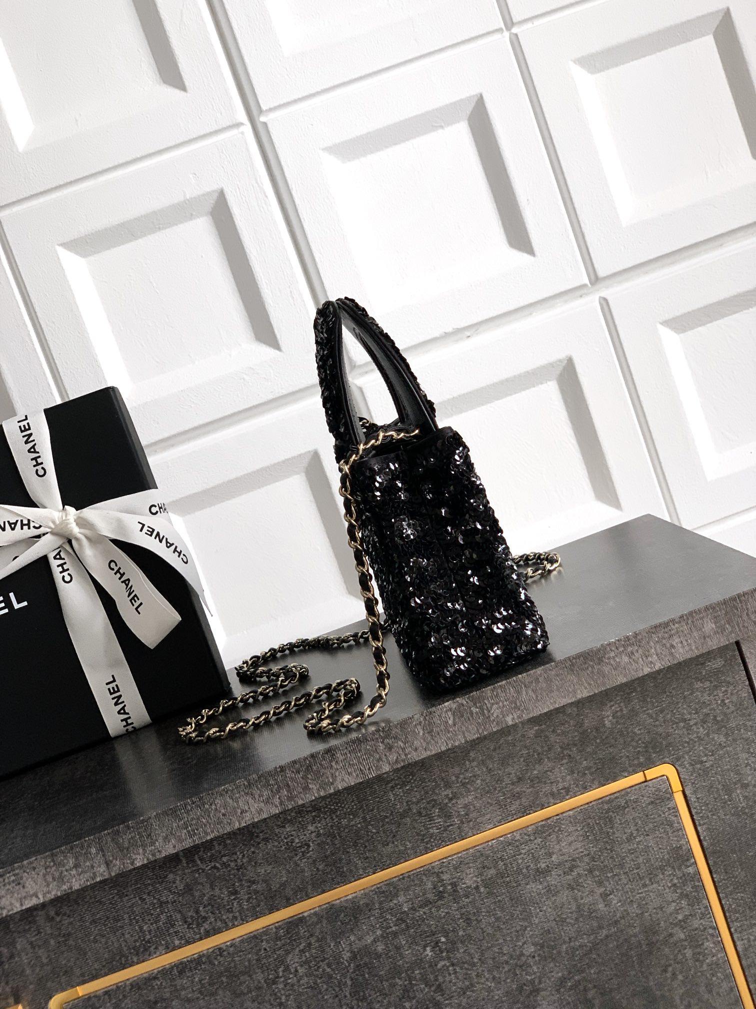 CHANEL Tweed Sequin Mini Coco Handle Flap Black 90239