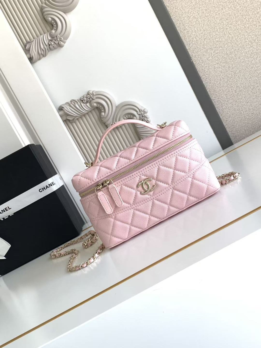 Chanel Vanity with Chain   Shiny Grained Calfskin, Strass & Silver-Tone Metal  Light Pink