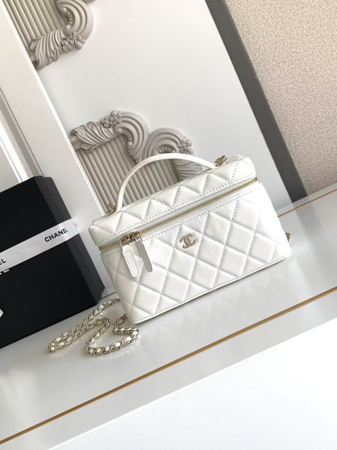 Chanel Vanity with Chain   Shiny Lambskin, Strass & Gold-Tone Metal  Light white