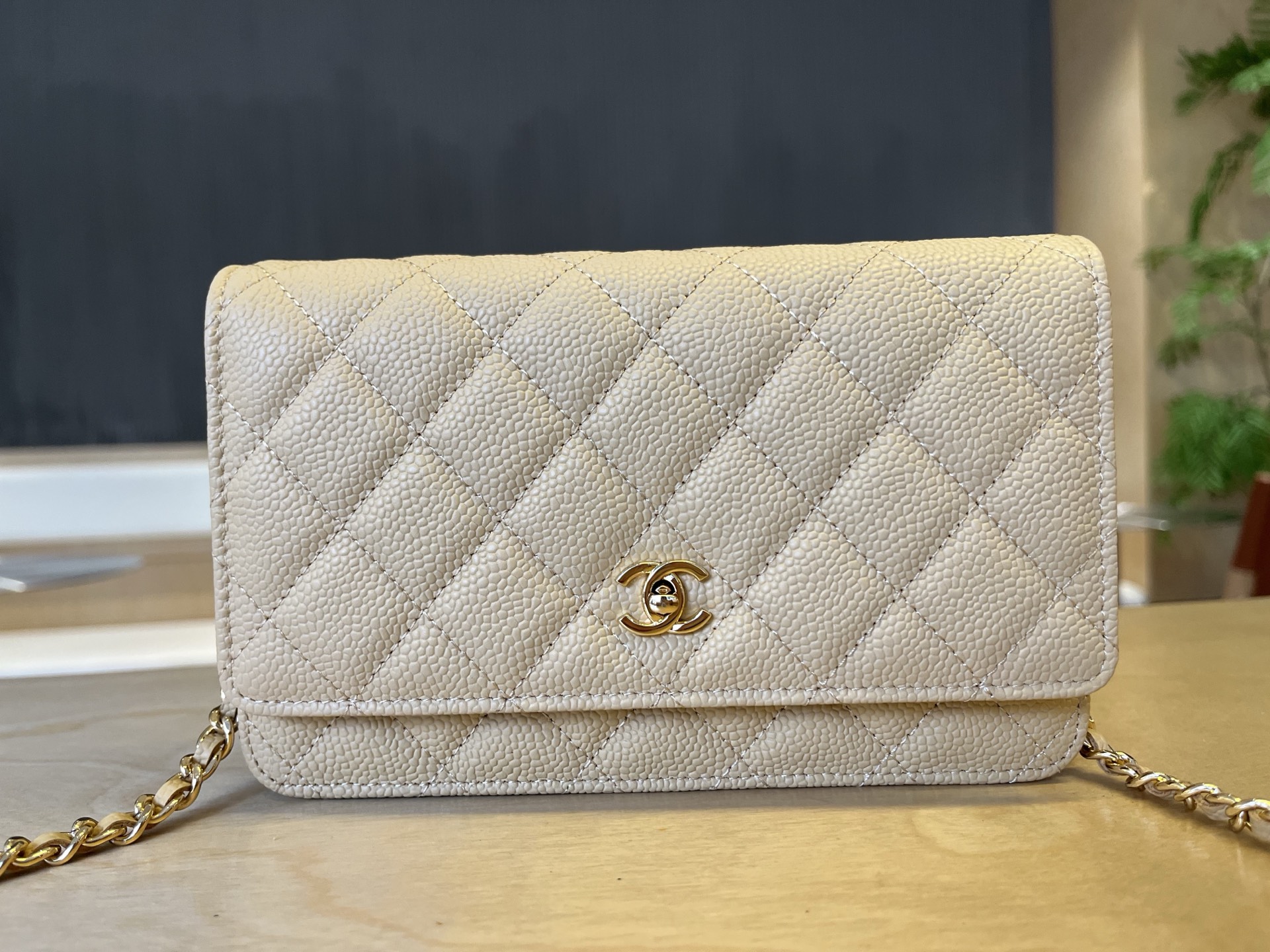 Chanel Wallet on chain - Shiny lambskin & gold-tone metal, light gray