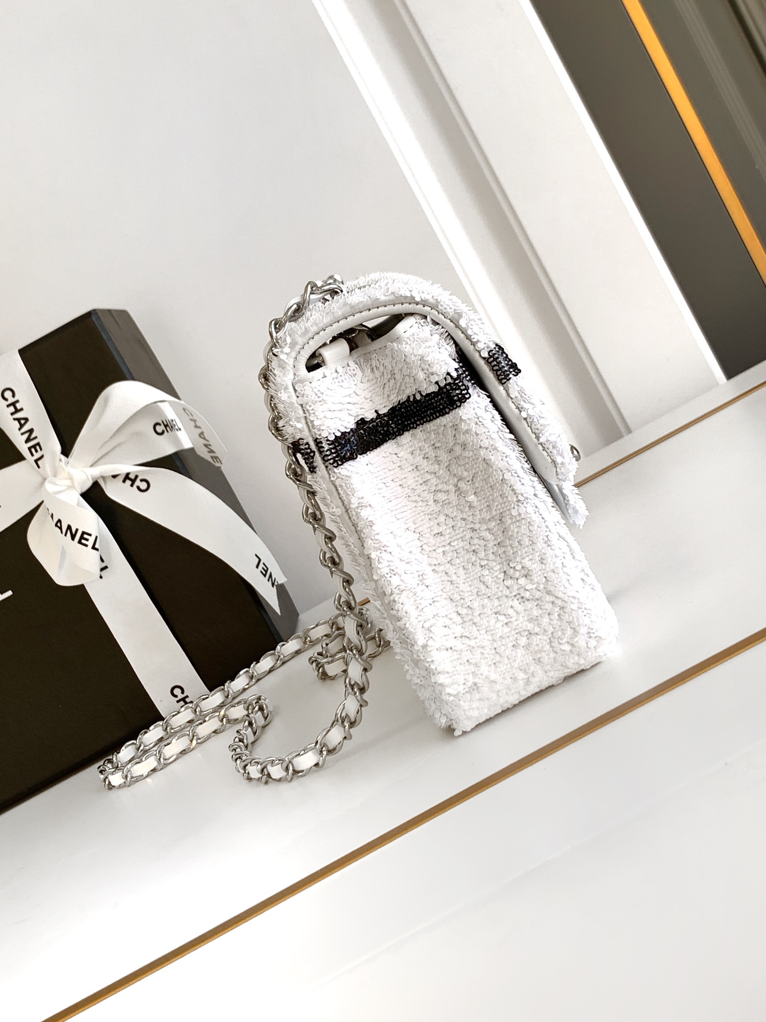 Chanel White Black Sequin Bow Mini Rectangular Flap Bag