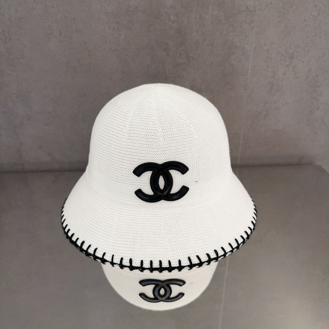 Chanel White Crochet Bucket Hat with Black Embroidered Logo and Edging