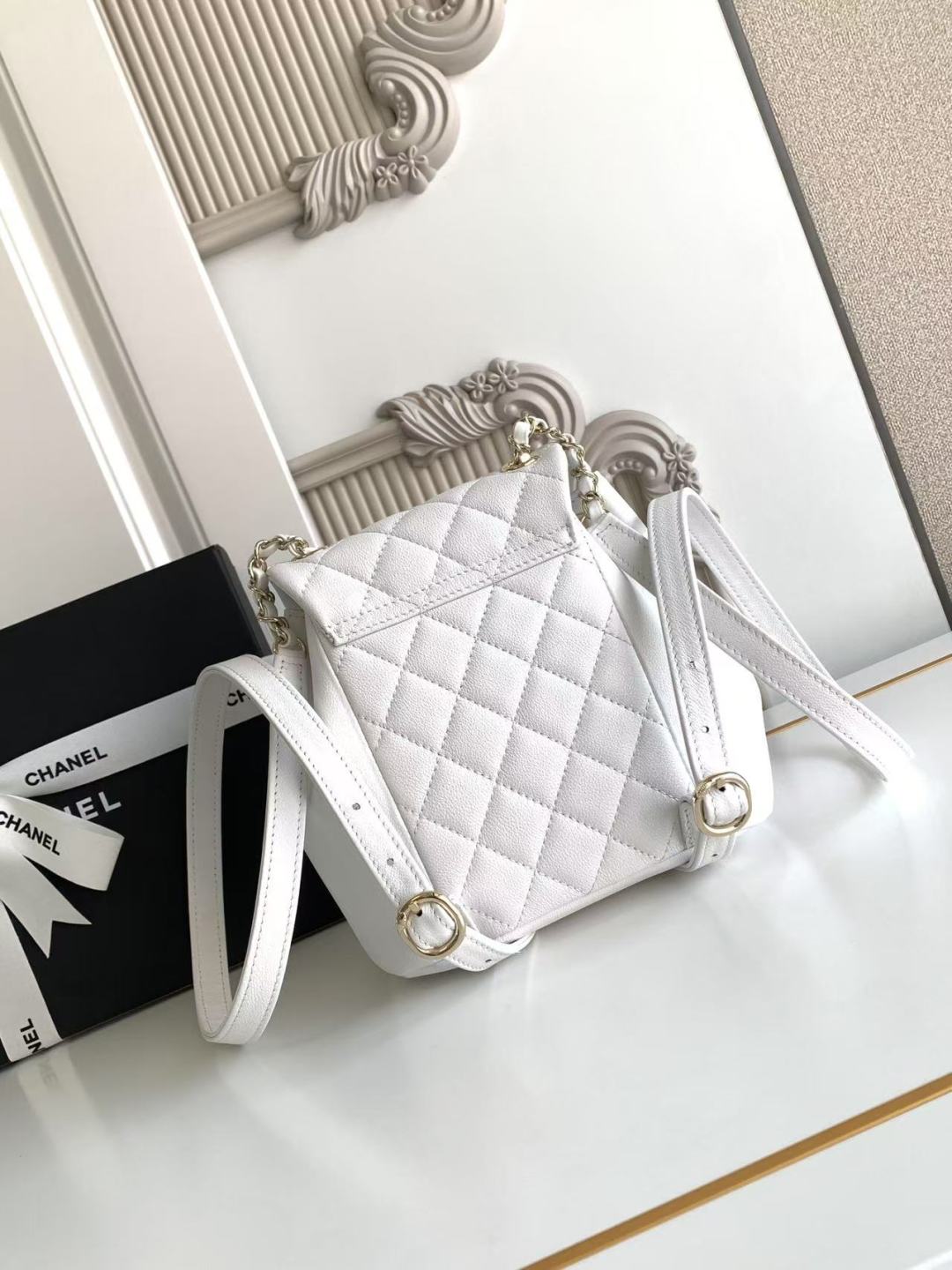 CHANEL White Duma Champagne Gold Small Backpack