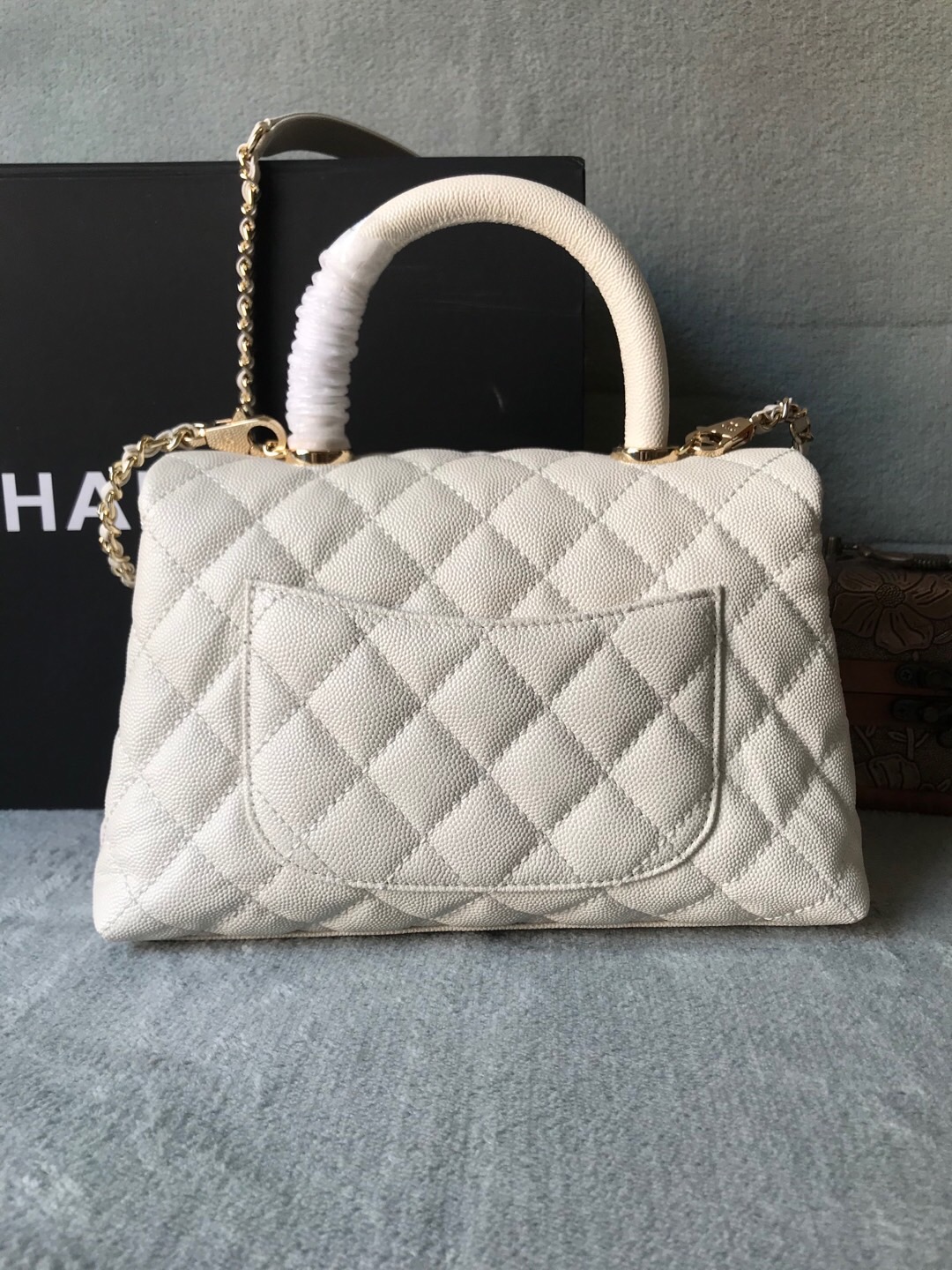CHANEL - White Quilted Caviar Chain Small Coco Top Handle Bag