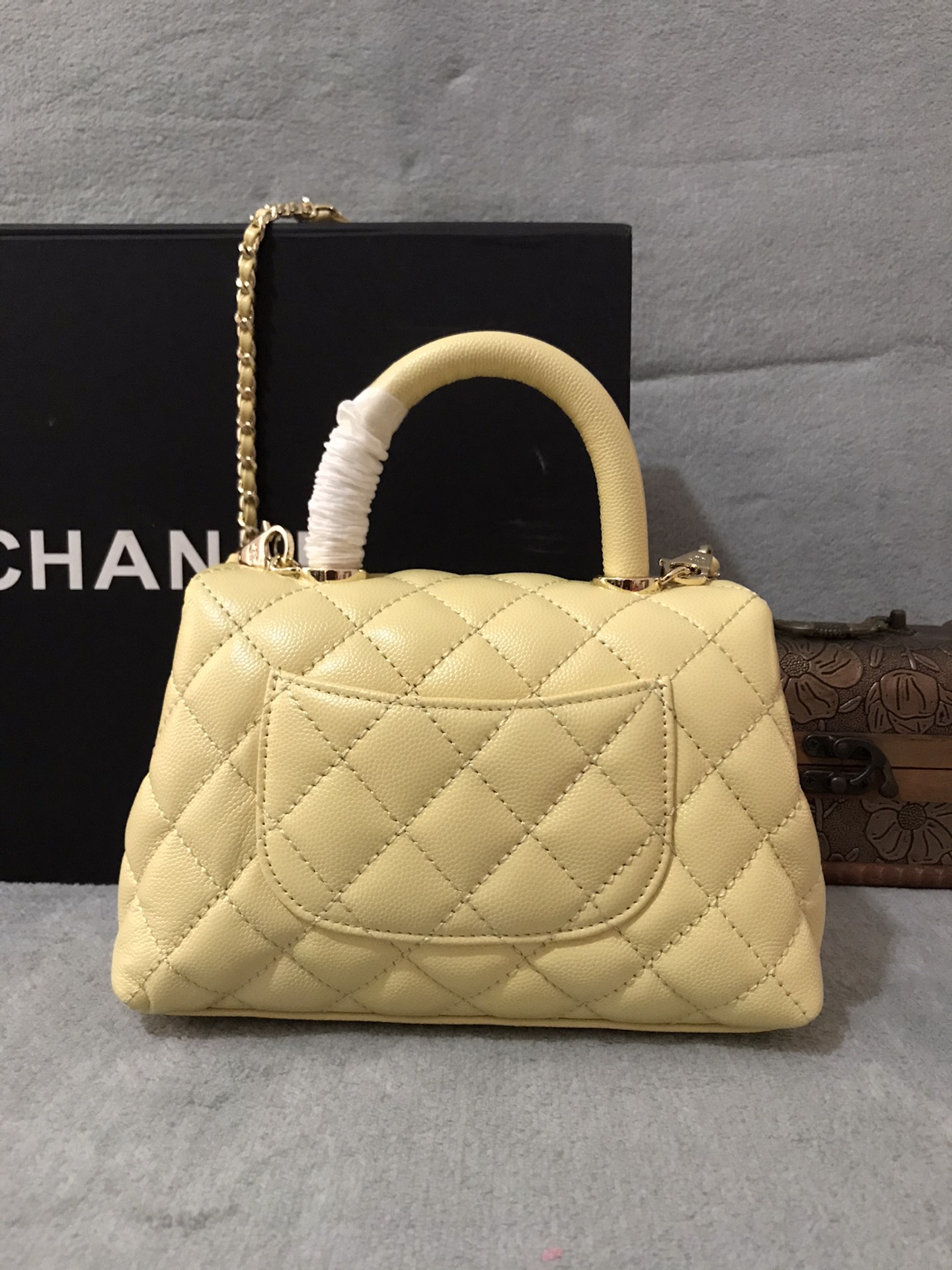Chanel Yellow Quilted Caviar Top Handle Mini Flap Bag Pale