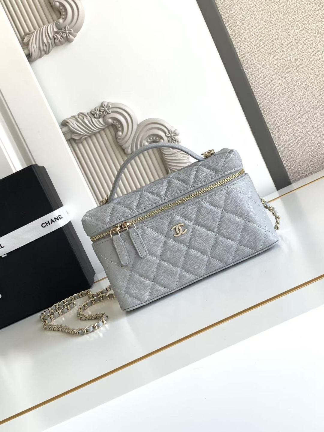 ChanelLong Vanity with Chain   Lambskin, Strass & Gold-Tone Metal  Dark Gray