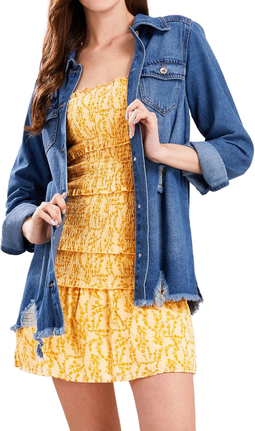 CHARTOU Women’s Casual Distressed Long Sleeve Button Down Shirt Ripped Denim Jacket Jean Coat