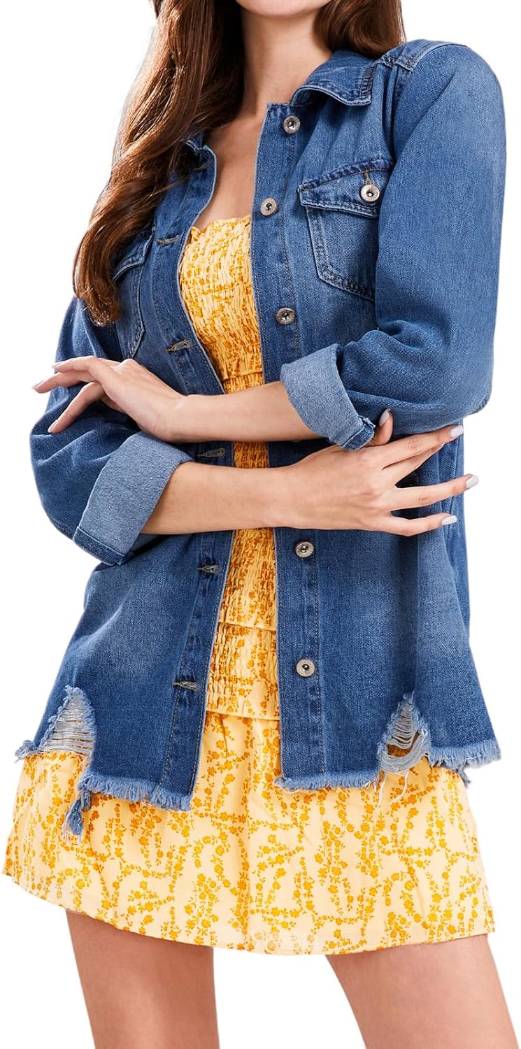 CHARTOU Women’s Casual Distressed Long Sleeve Button Down Shirt Ripped Denim Jacket Jean Coat