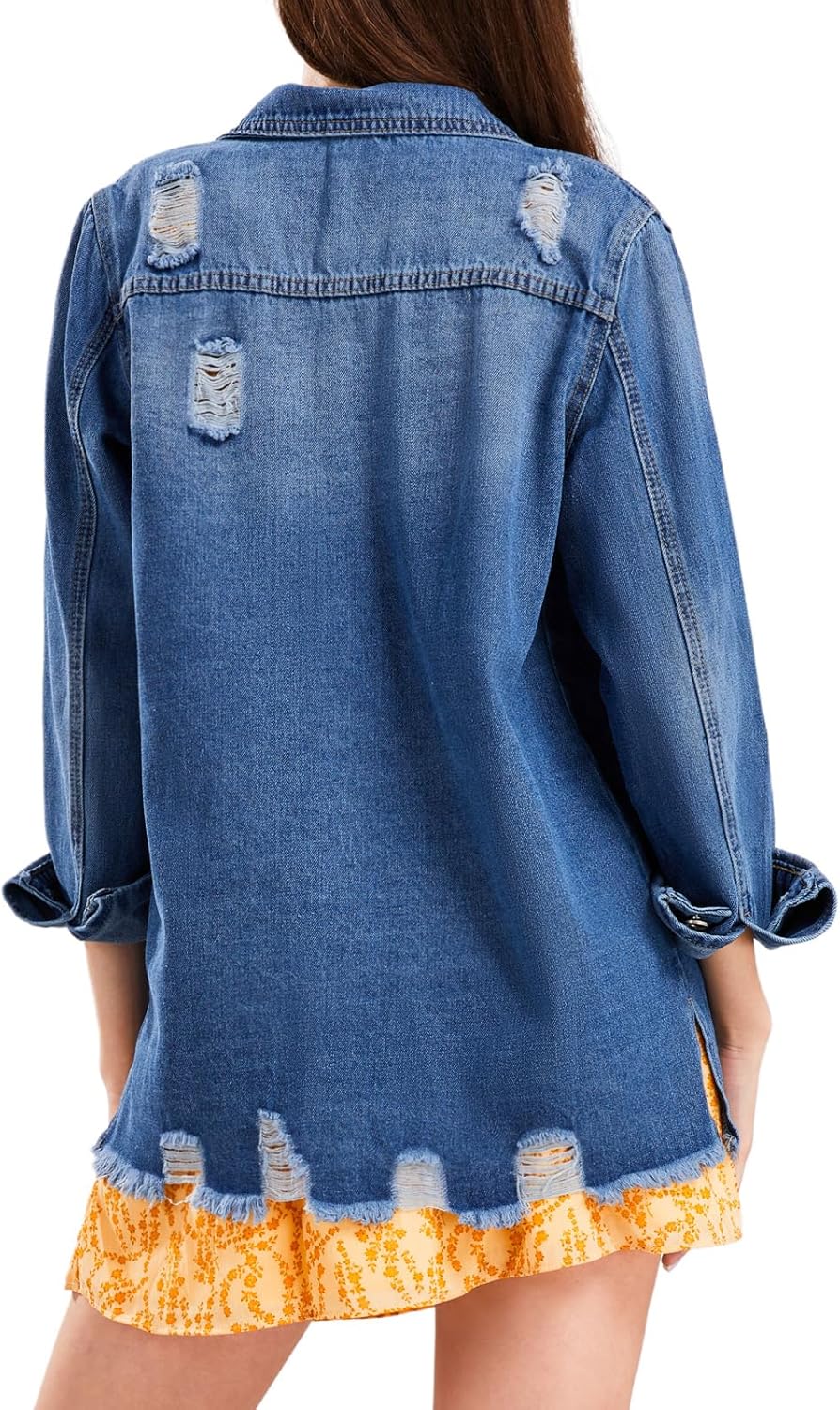 CHARTOU Women’s Casual Distressed Long Sleeve Button Down Shirt Ripped Denim Jacket Jean Coat