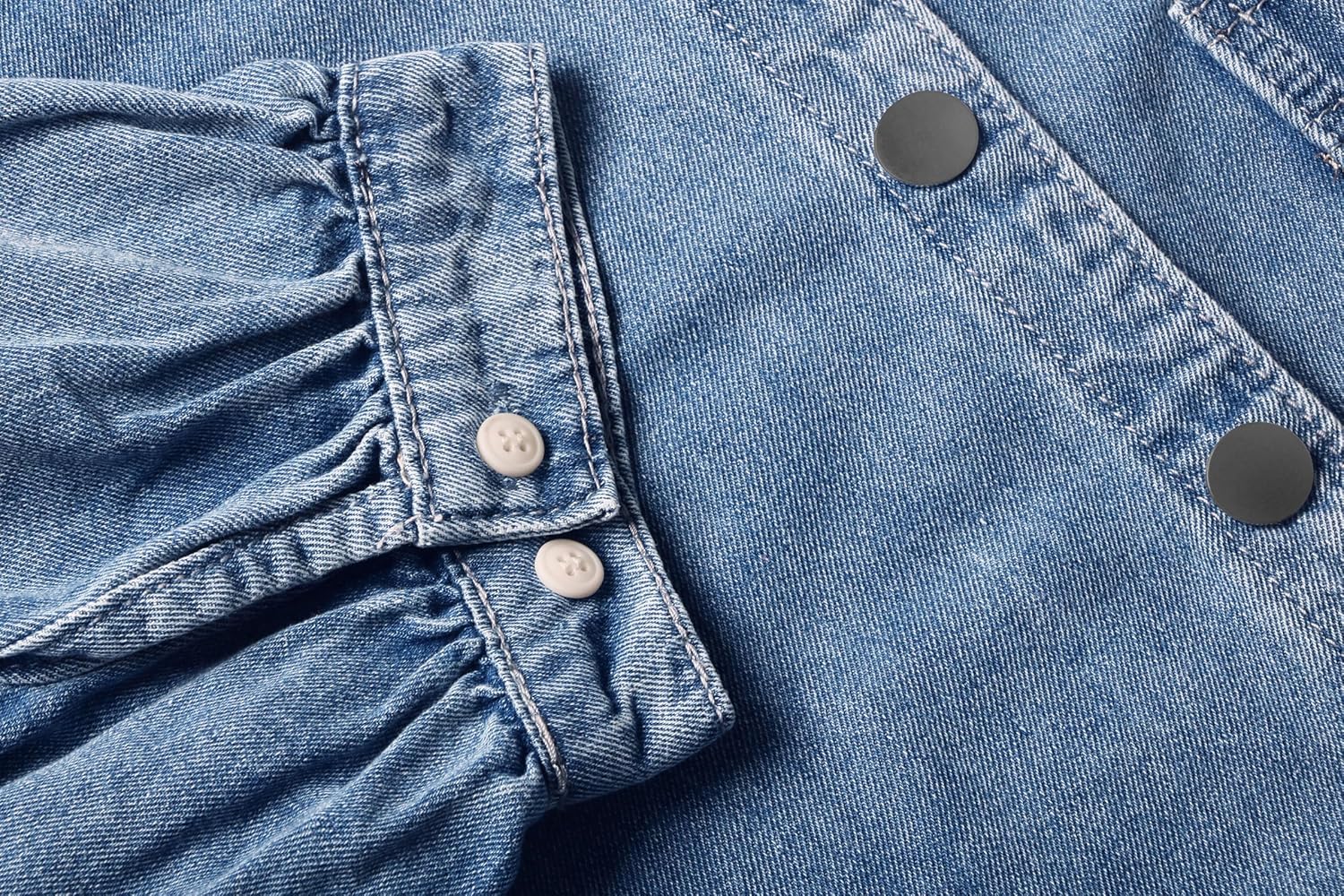 CHARTOU Women’s Casual Washed Distressed Puff Sleeve Denim Snap Button Shirt Jean Jacket Coat