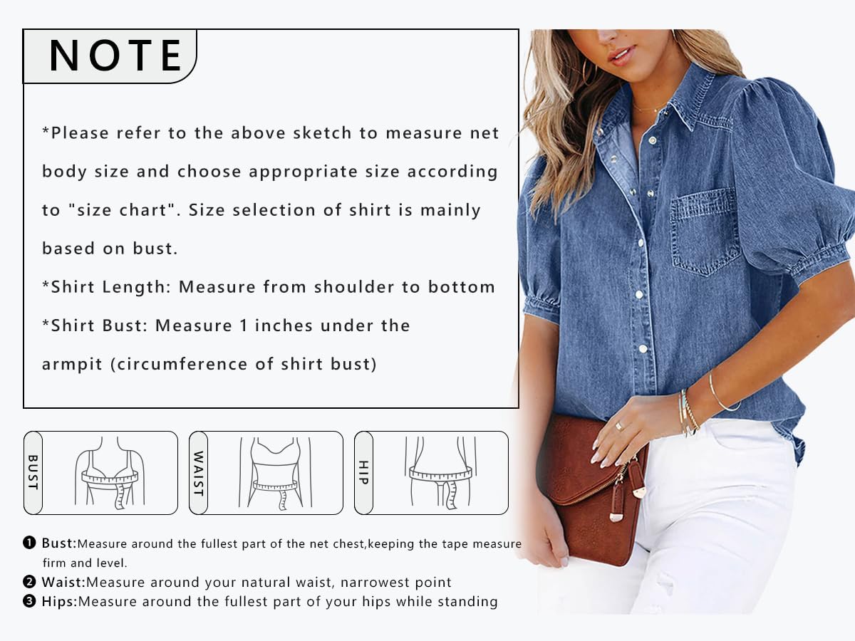 CHARTOU Women’s Casual Washed Distressed Puff Sleeve Denim Snap Button Shirt Jean Jacket Coat