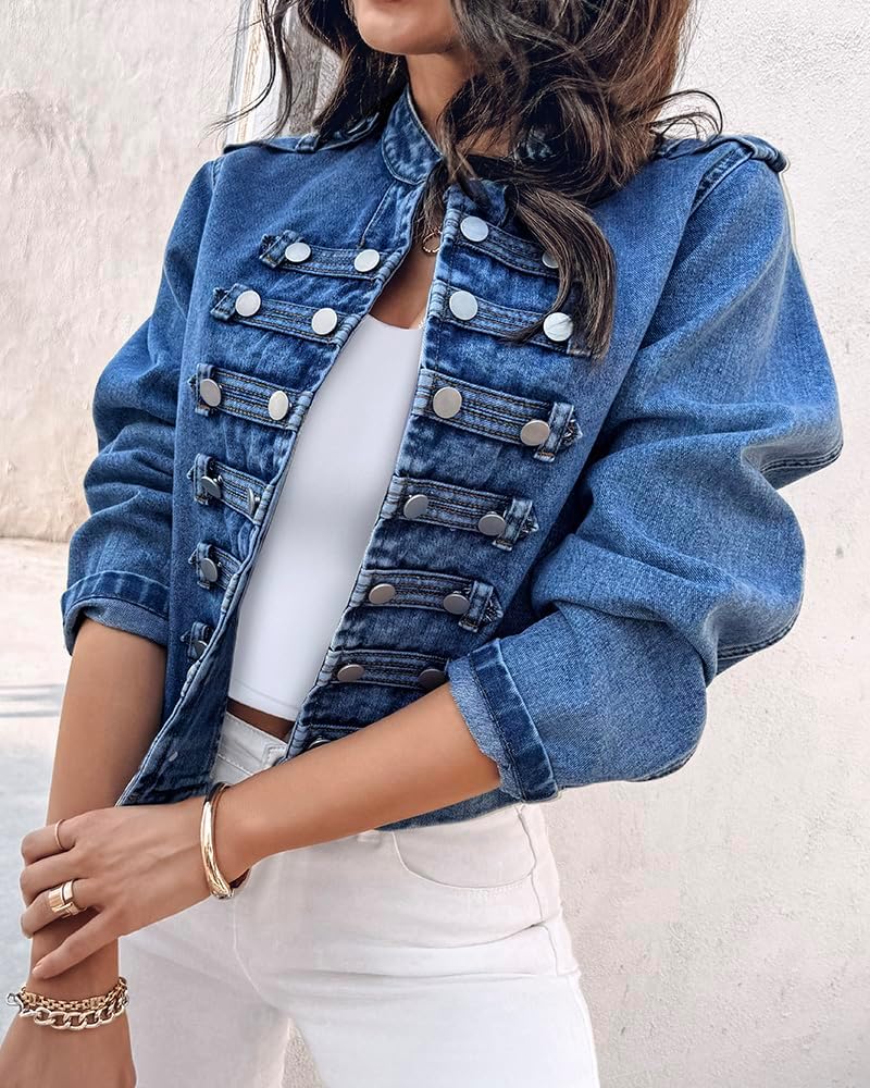 CHICME Denim Jacket for Women 2025 Button Up Stand Collar Jeans Jacket Casual Long Sleeve Lightweight Fall Coat