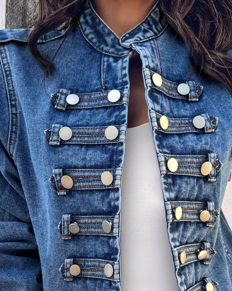 CHICME Denim Jacket for Women 2025 Button Up Stand Collar Jeans Jacket Casual Long Sleeve Lightweight Fall Coat