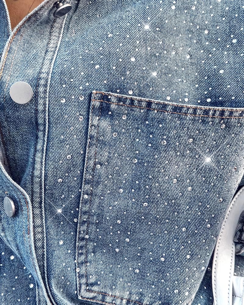CHICME Womens Casual Denim Jacket for Women 2025 Contrast Sequin Long Sleeve Rhinestone Denim Jackets