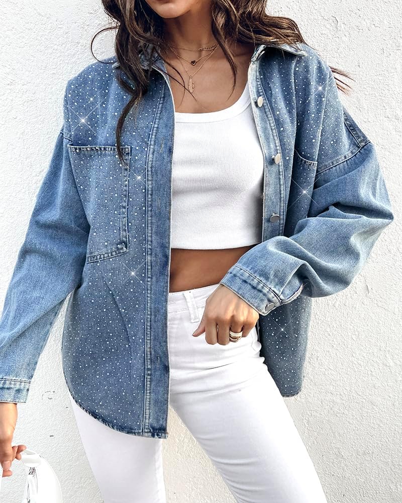 CHICME Womens Casual Denim Jacket for Women 2025 Contrast Sequin Long Sleeve Rhinestone Denim Jackets