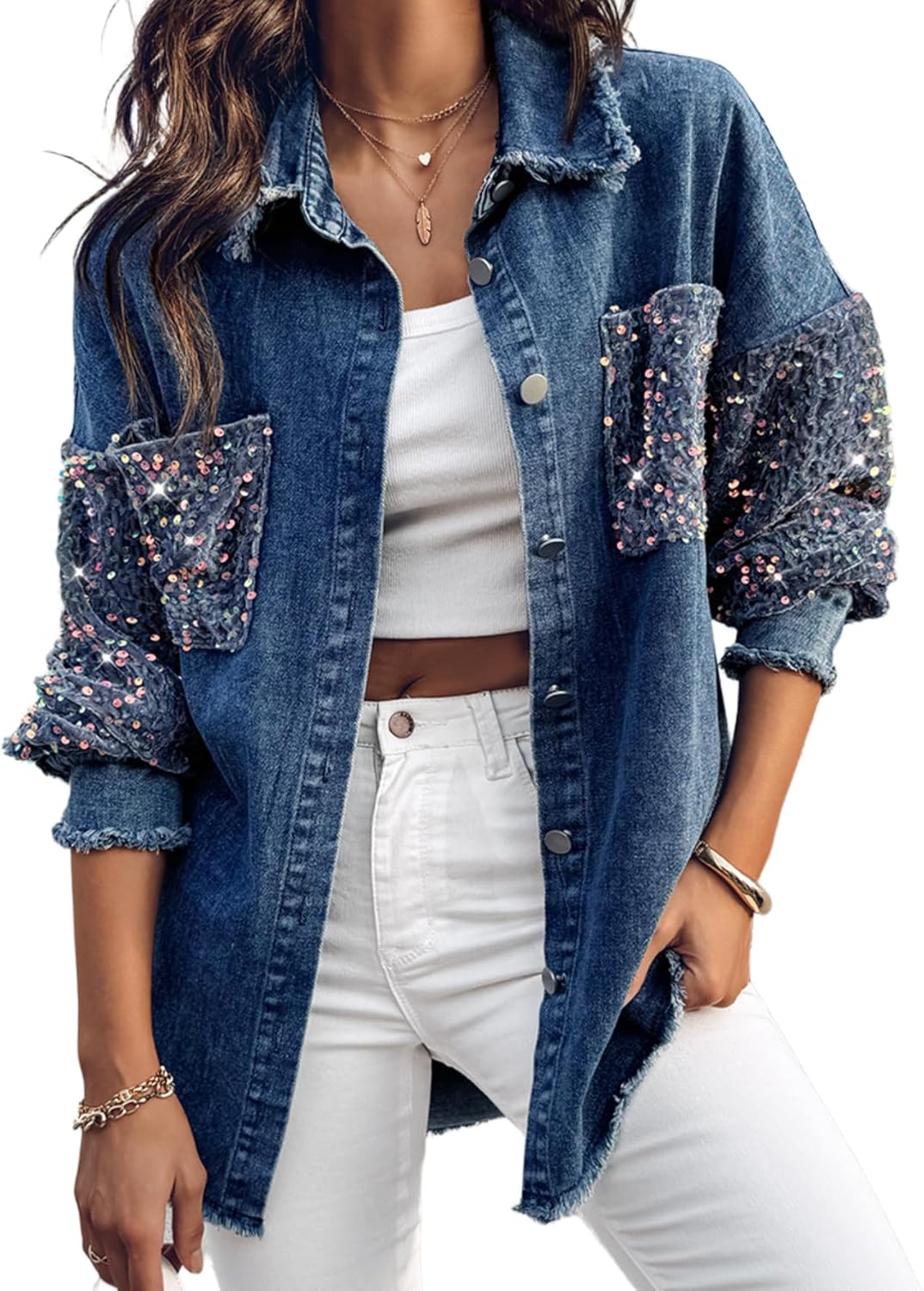 CHICME Womens Casual Denim Jacket for Women 2025 Contrast Sequin Long Sleeve Rhinestone Denim Jackets
