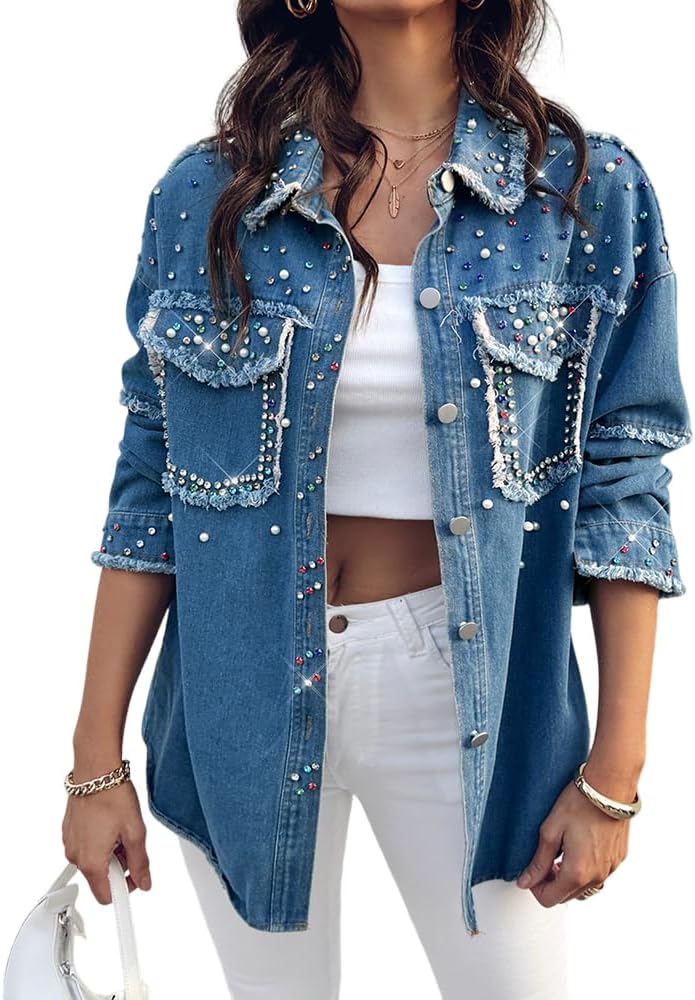 CHICME Womens Casual Denim Jacket for Women 2025 Contrast Sequin Long Sleeve Rhinestone Denim Jackets