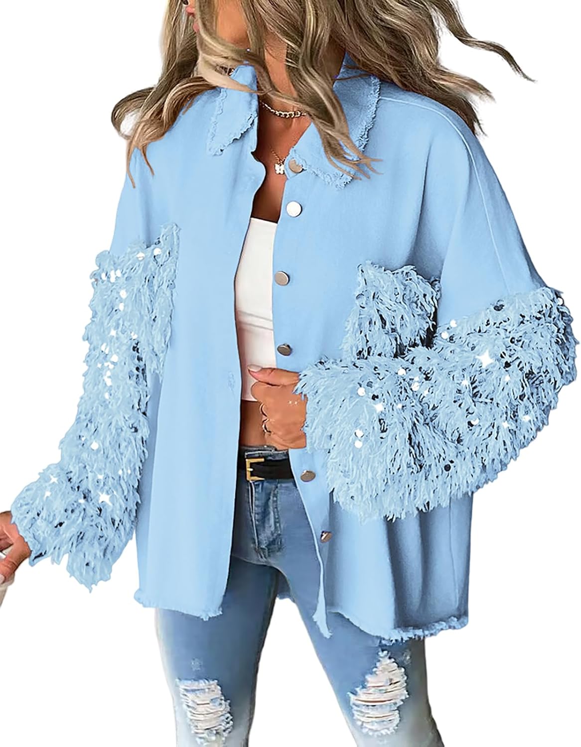 CHICME Womens Denim Jacket 2025 Sequin Patchwork Long Sleeve Jackets Top Button Front Oversized Denim Shacket