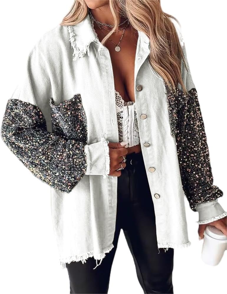 CHICME Womens Denim Jacket 2025 Sequin Patchwork Long Sleeve Jackets Top Button Front Oversized Denim Shacket
