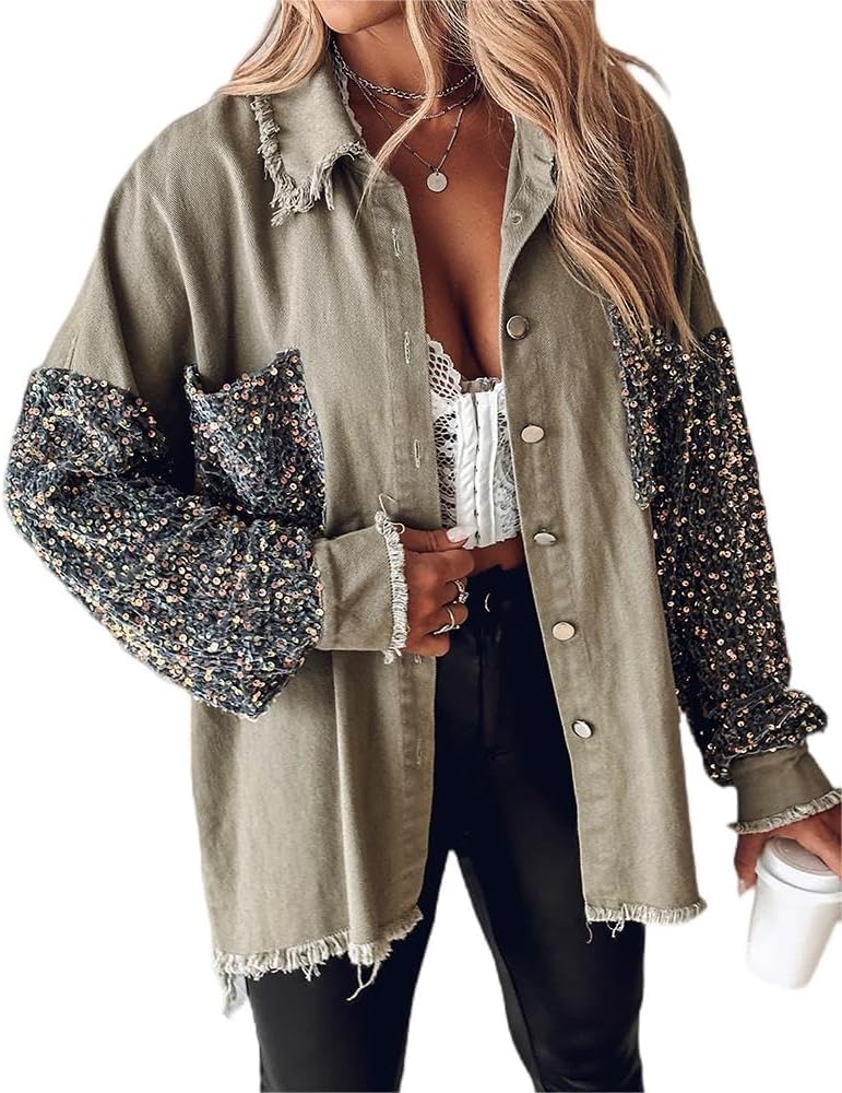 CHICME Womens Denim Jacket 2025 Sequin Patchwork Long Sleeve Jackets Top Button Front Oversized Denim Shacket