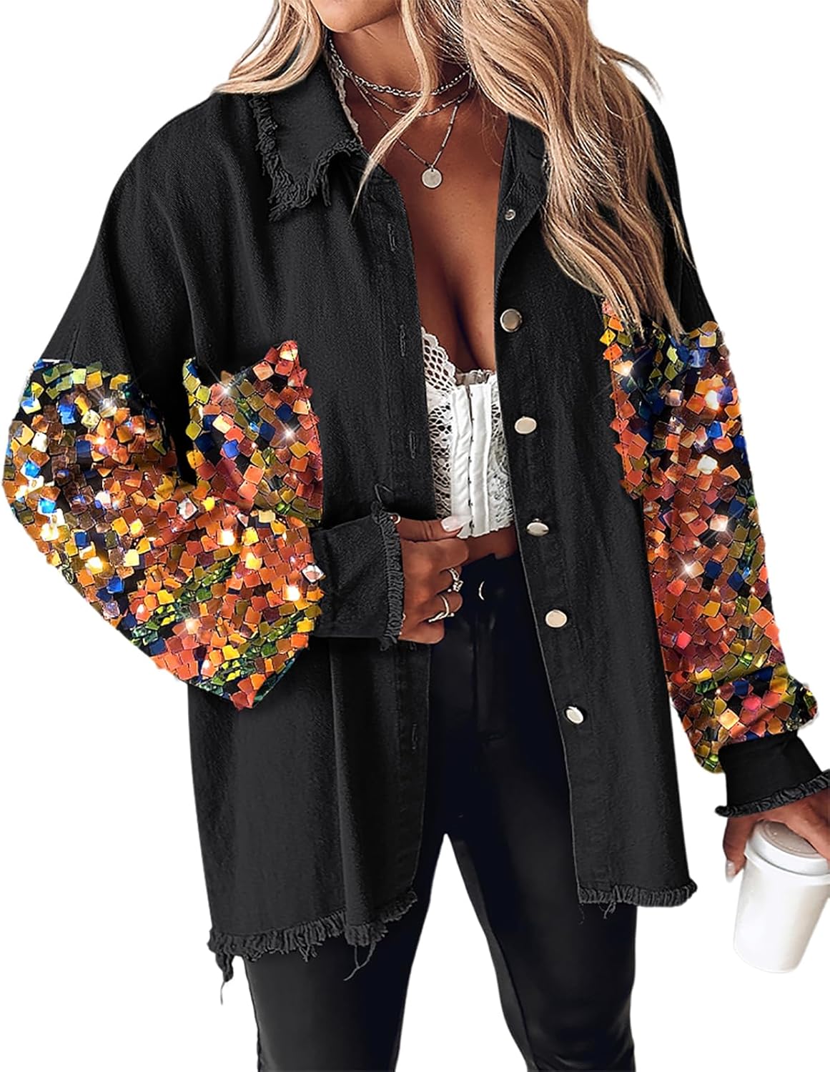 CHICME Womens Denim Jacket 2025 Sequin Patchwork Long Sleeve Jackets Top Button Front Oversized Denim Shacket