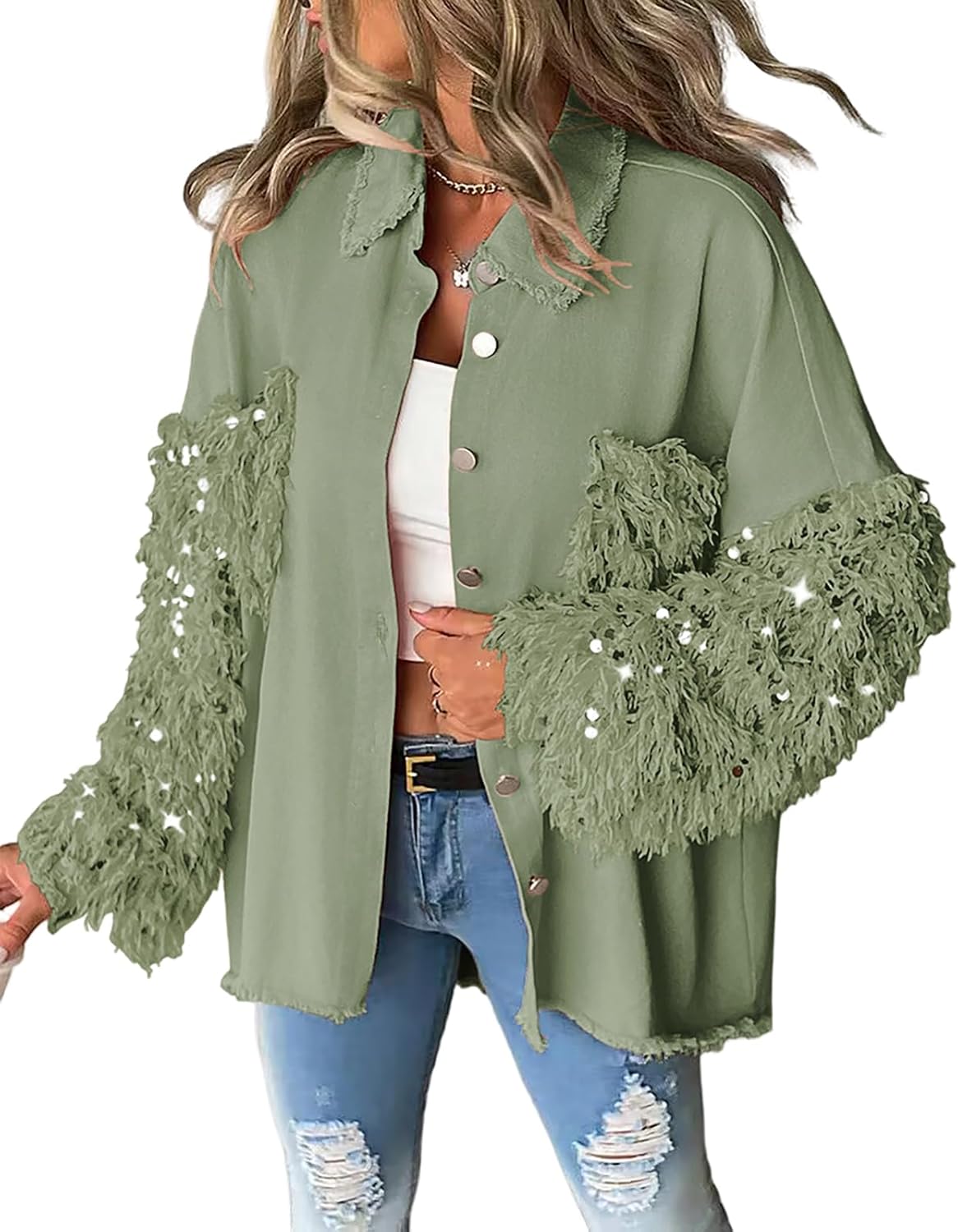 CHICME Womens Denim Jacket 2025 Sequin Patchwork Long Sleeve Jackets Top Button Front Oversized Denim Shacket