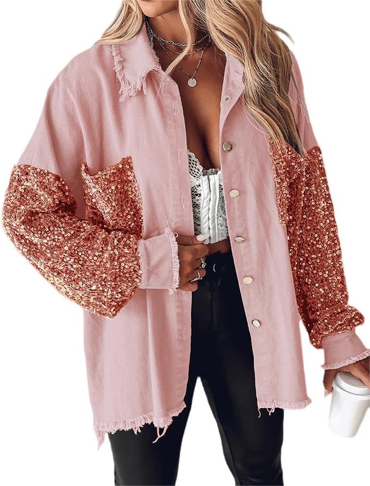 CHICME Womens Denim Jacket 2025 Sequin Patchwork Long Sleeve Jackets Top Button Front Oversized Denim Shacket