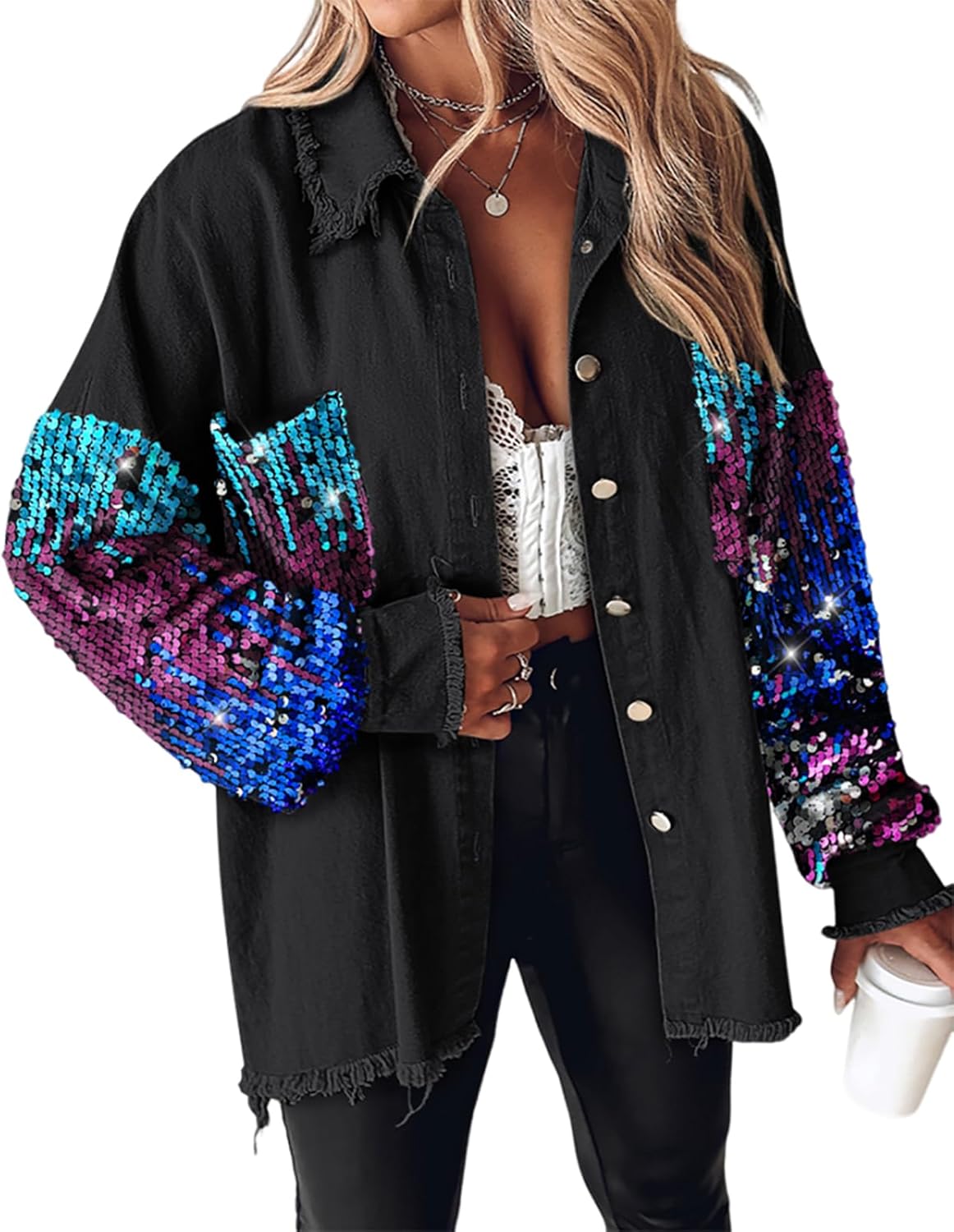 CHICME Womens Denim Jacket 2025 Sequin Patchwork Long Sleeve Jackets Top Button Front Oversized Denim Shacket